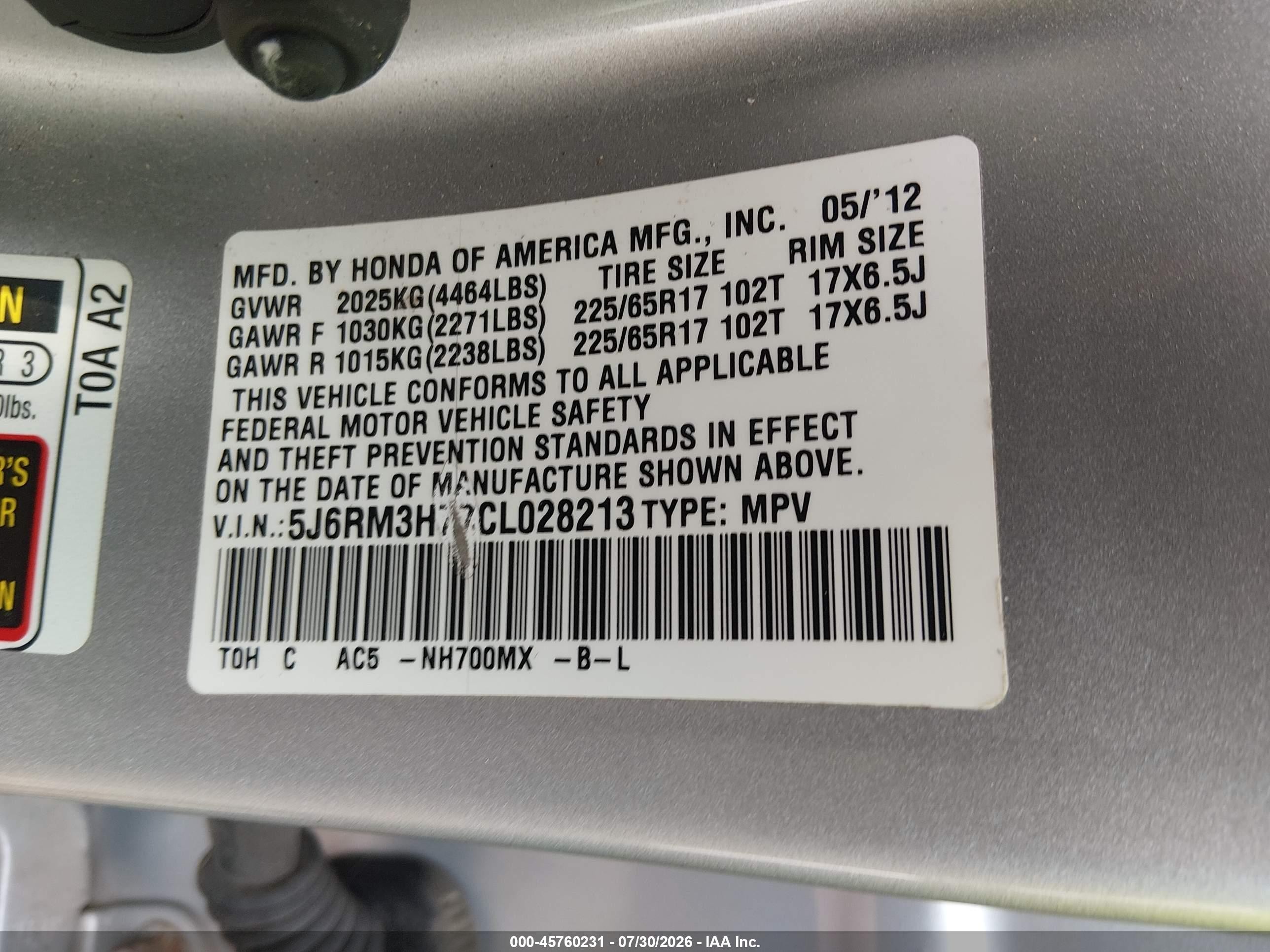 2012 Honda Cr-v Ex-l Серый vin: 5J6RM3H77CL028213