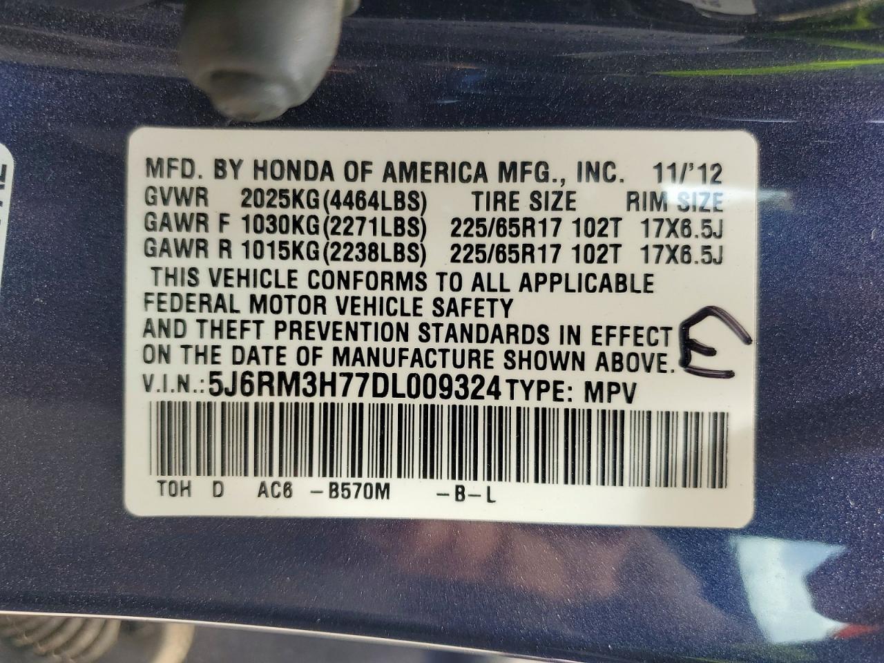 2013 Honda Cr-v Exl Blue vin: 5J6RM3H77DL009324