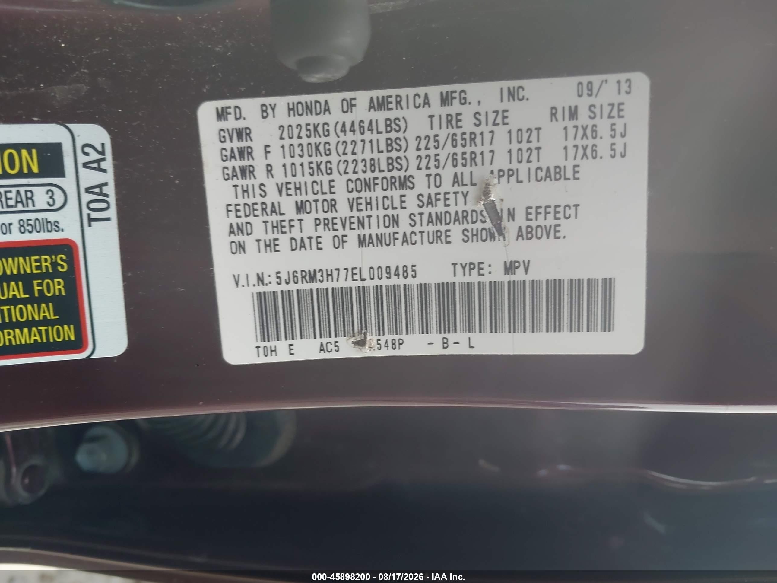 2014 Honda Cr-v Ex-l vin: 5J6RM3H77EL009485