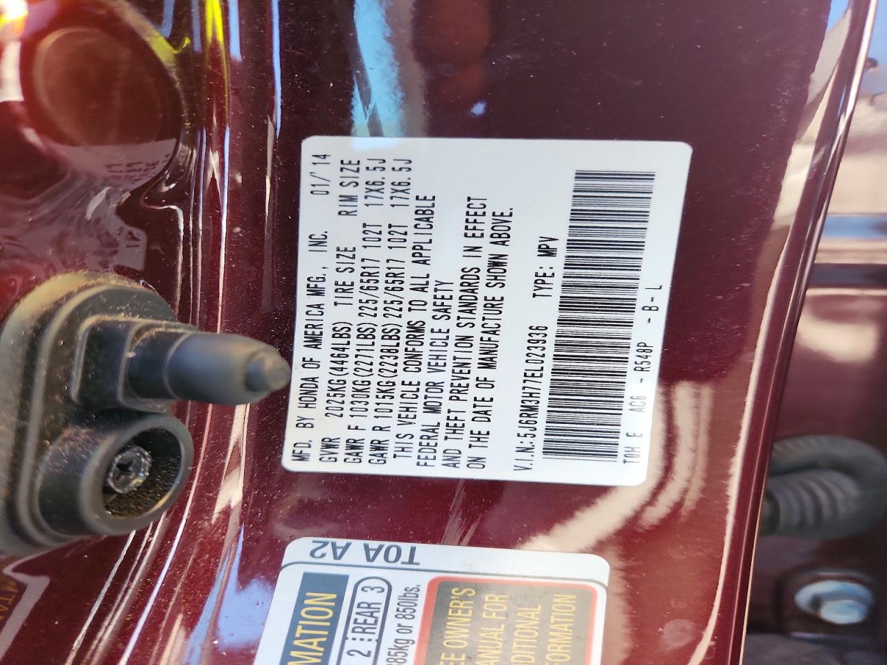 2014 Honda Cr-v Exl Burgundy vin: 5J6RM3H77EL023936