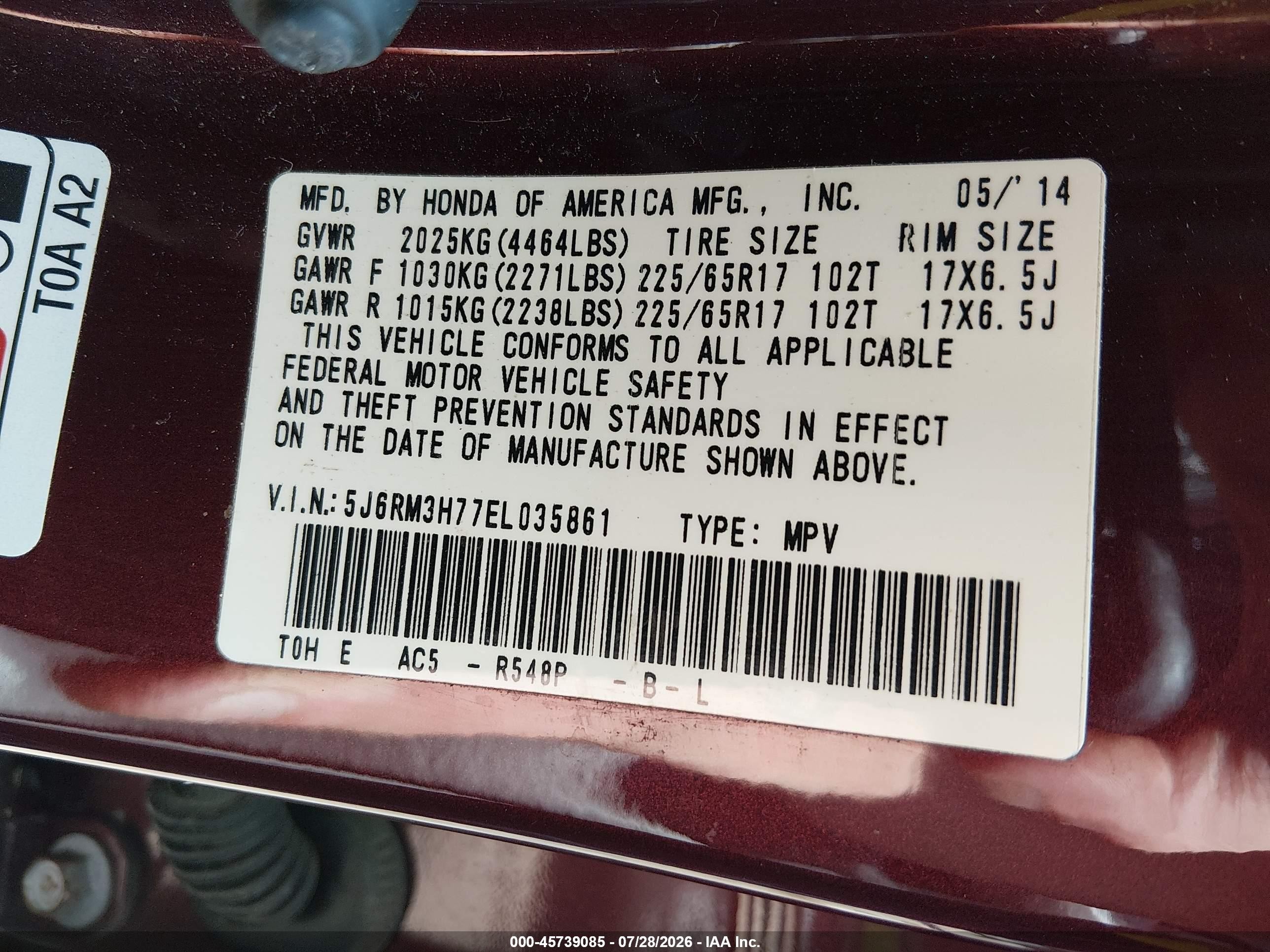 2014 Honda Cr-v Ex-l Burgundy vin: 5J6RM3H77EL035861