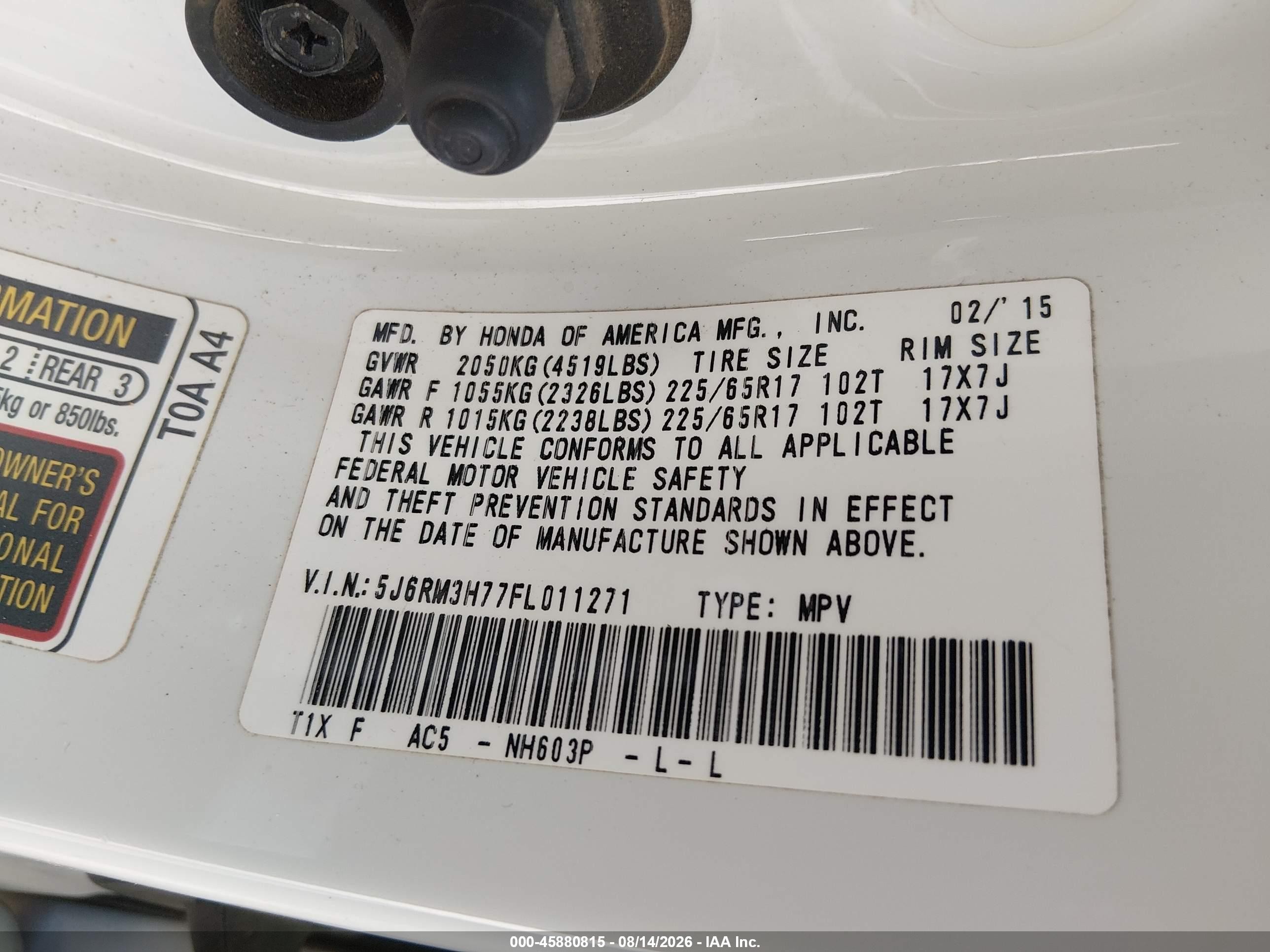 2015 Honda Cr-v Ex-l White vin: 5J6RM3H77FL011271