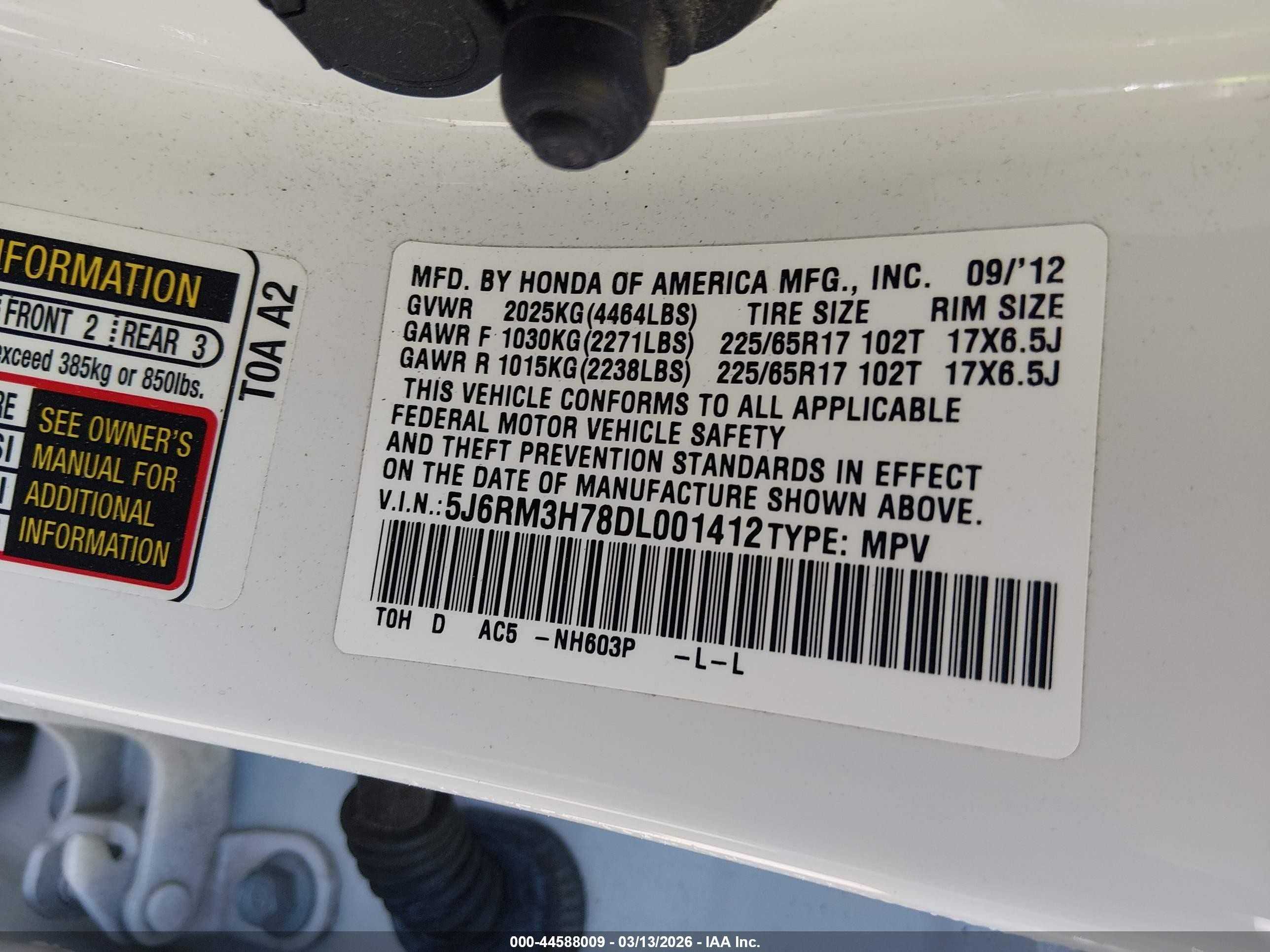 2013 Honda Cr-v Ex-l White vin: 5J6RM3H78DL001412
