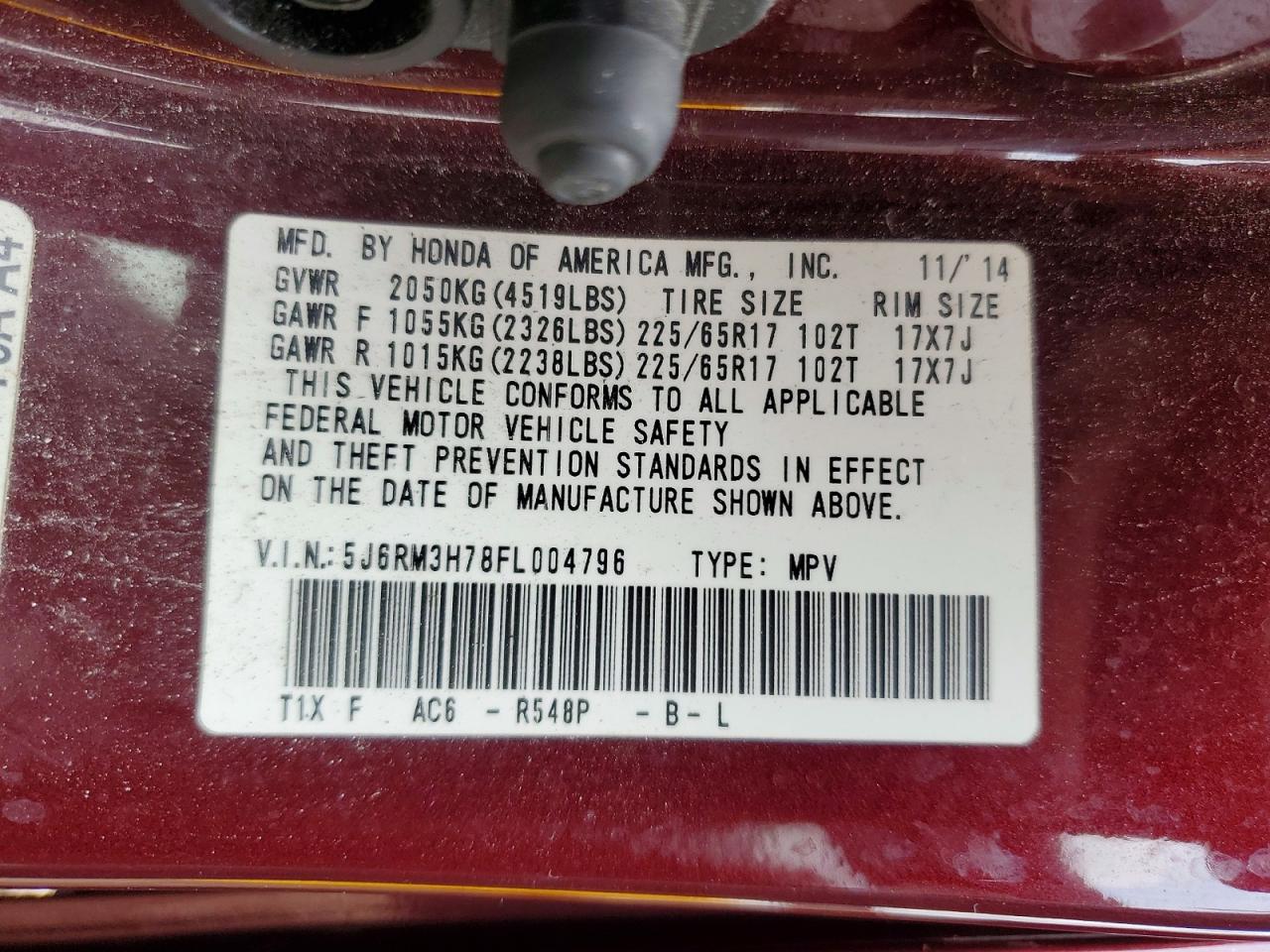 2015 Honda Cr-v Exl Maroon vin: 5J6RM3H78FL004796