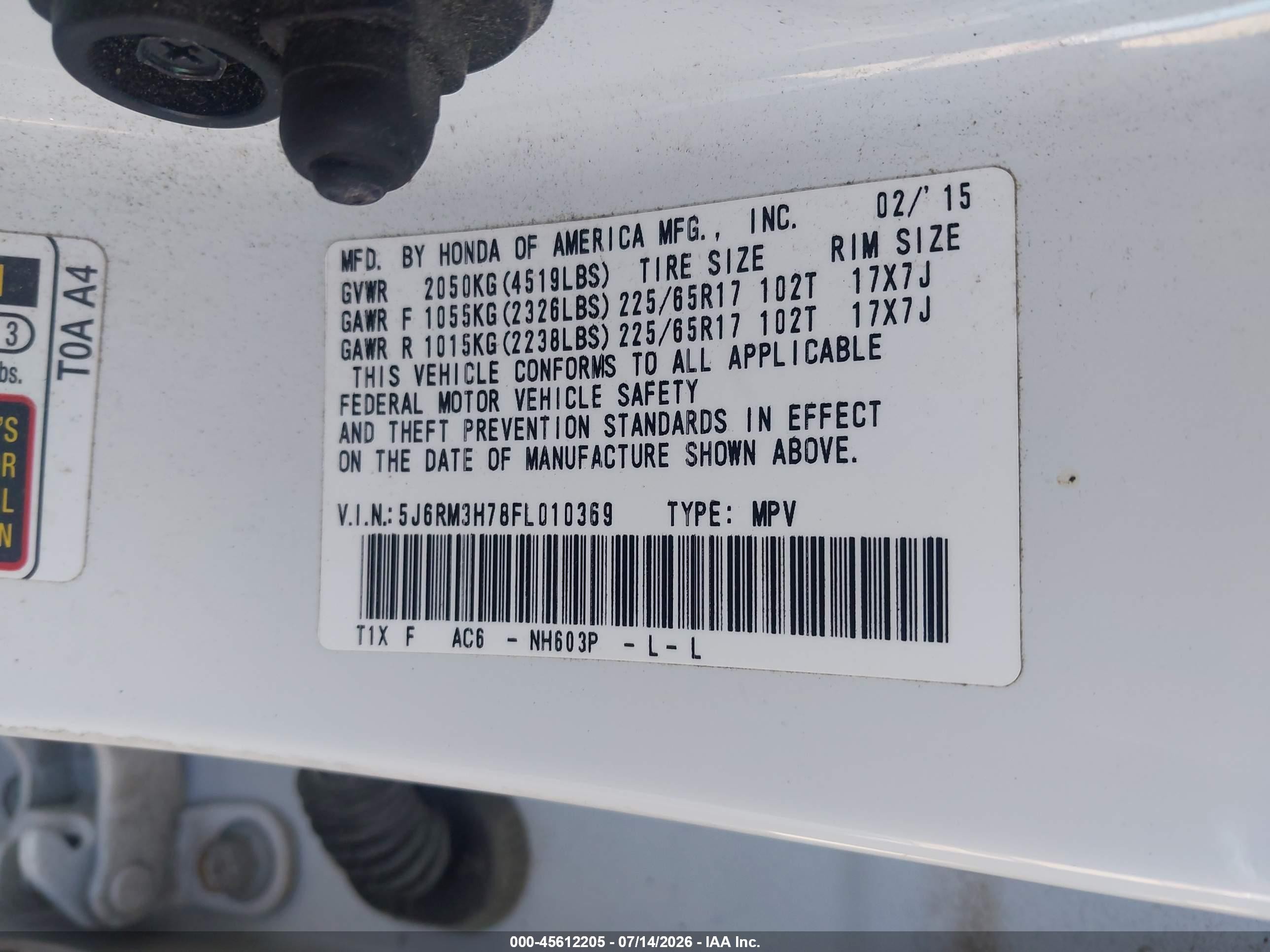 2015 Honda Cr-v Ex-l White vin: 5J6RM3H78FL010369