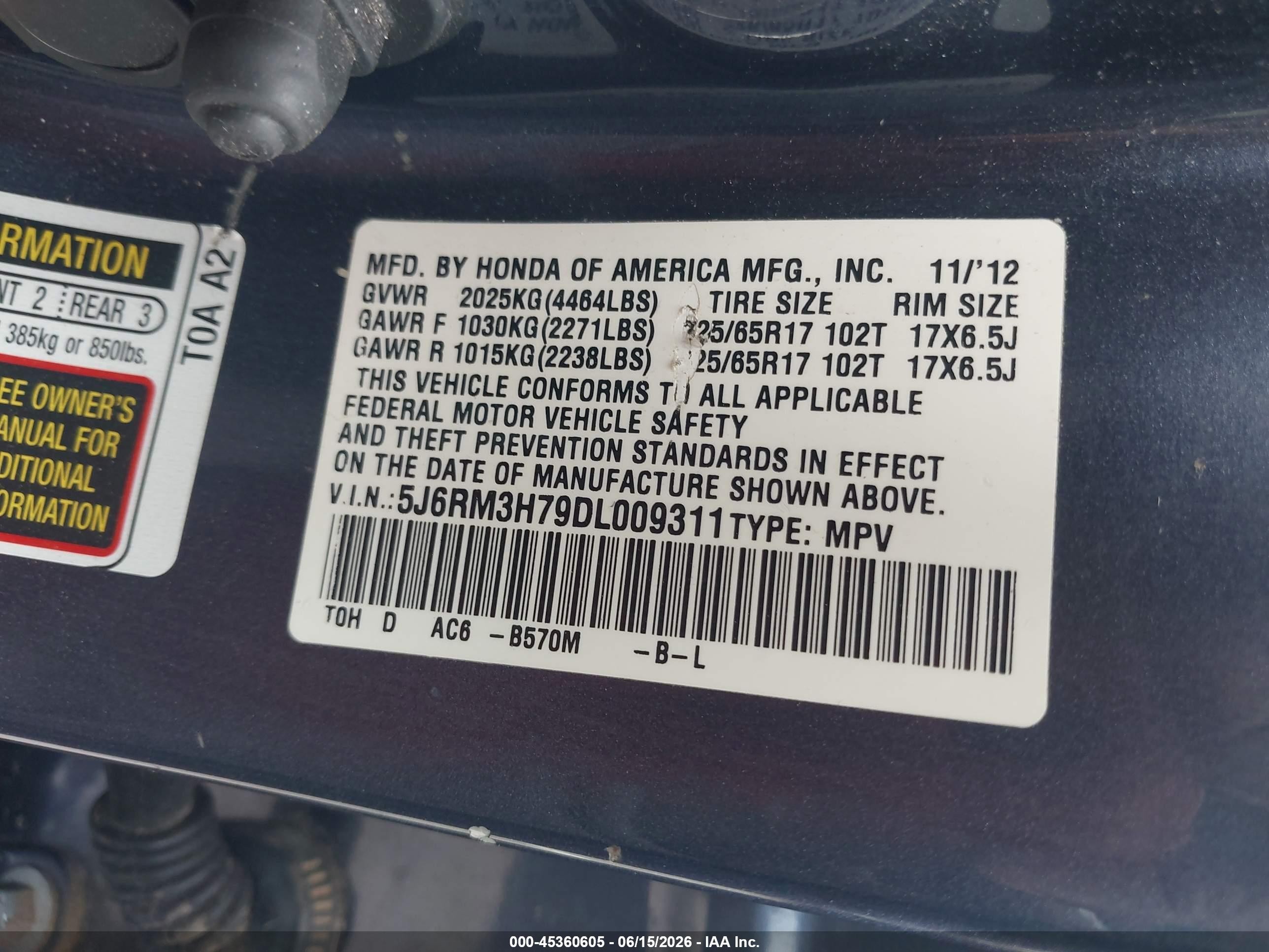 2013 Honda Cr-v Ex-l Blue vin: 5J6RM3H79DL009311