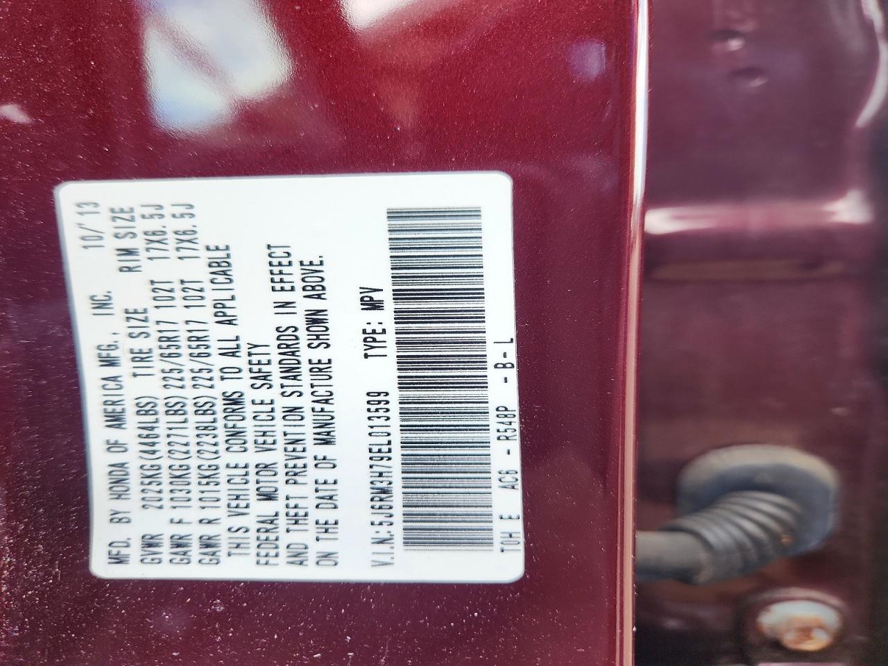 2014 Honda Cr-v Exl Burgundy vin: 5J6RM3H79EL013599