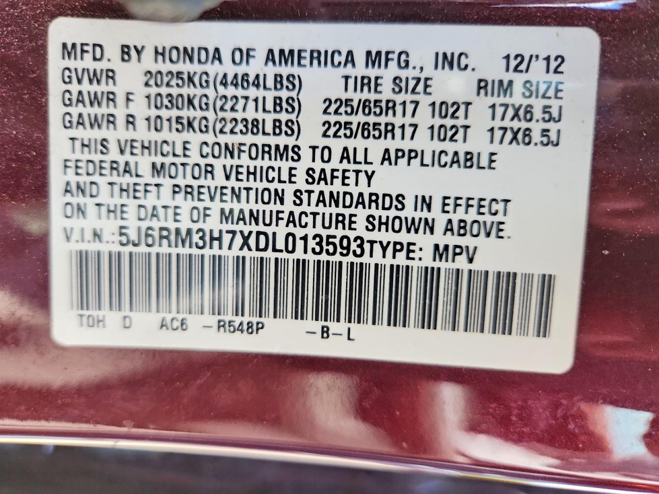 2013 Honda Cr-v Exl Burgundy vin: 5J6RM3H7XDL013593