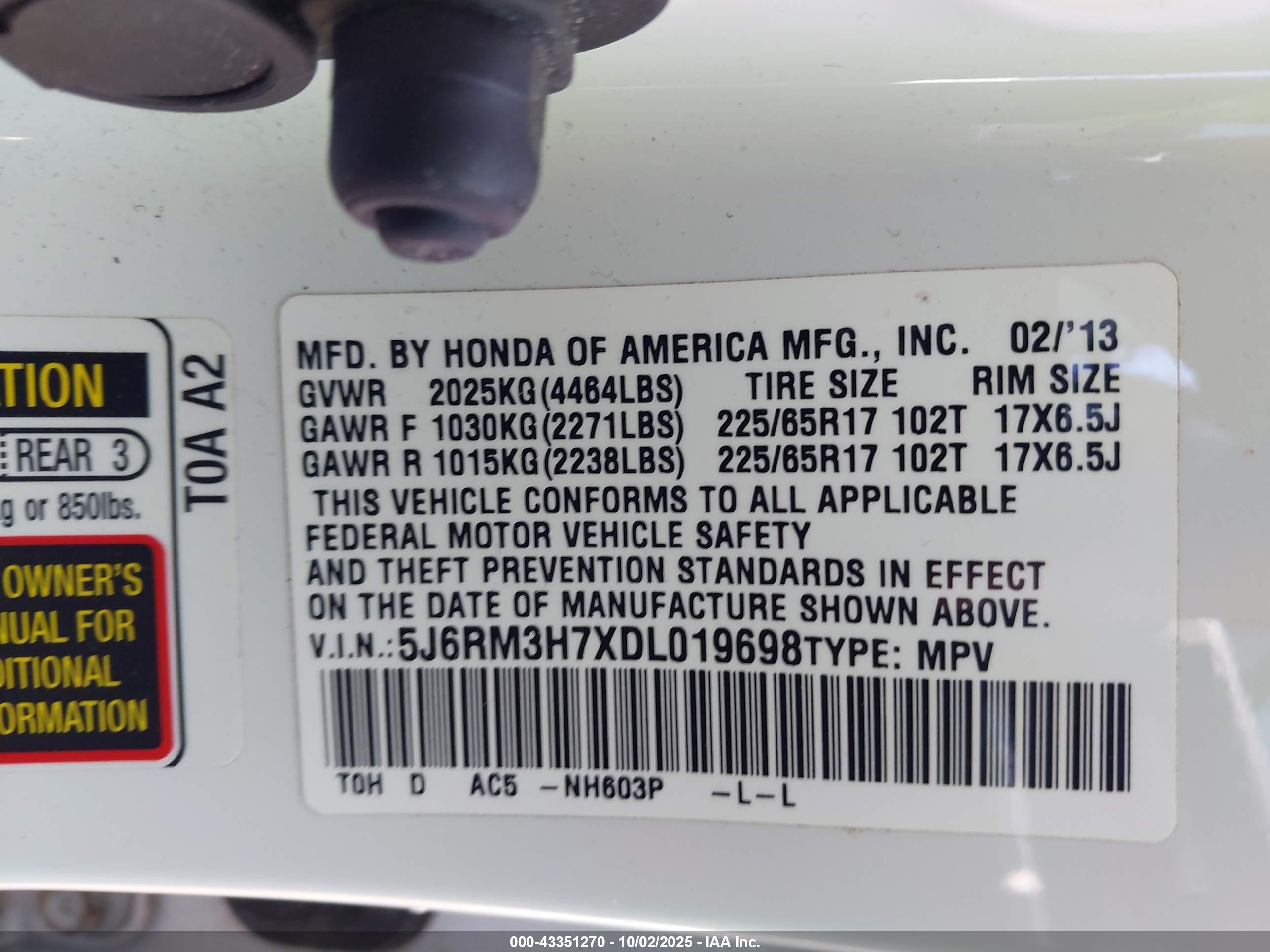 2013 Honda Cr-v Ex-l White vin: 5J6RM3H7XDL019698
