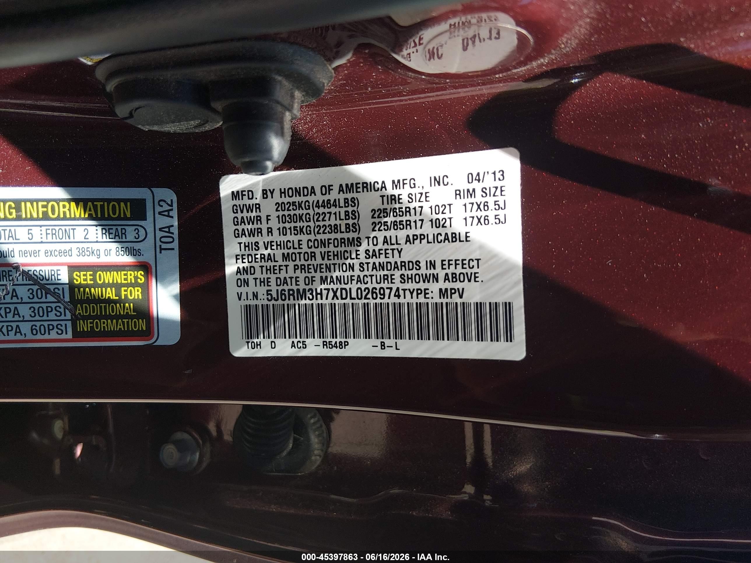 2013 Honda Cr-v Ex-l Burgundy vin: 5J6RM3H7XDL026974