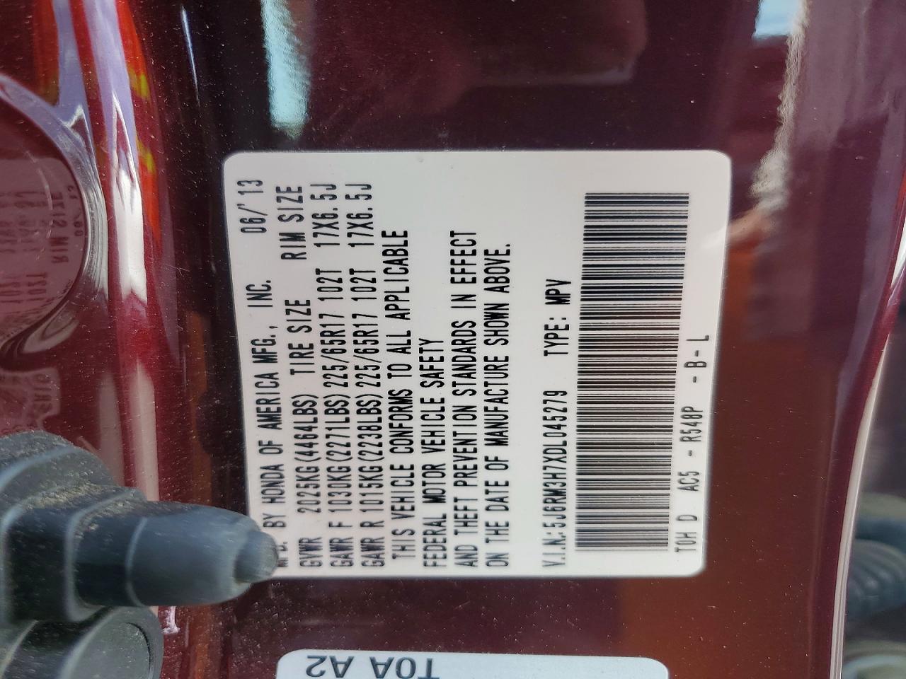 2013 Honda Cr-v Exl Burgundy vin: 5J6RM3H7XDL045279