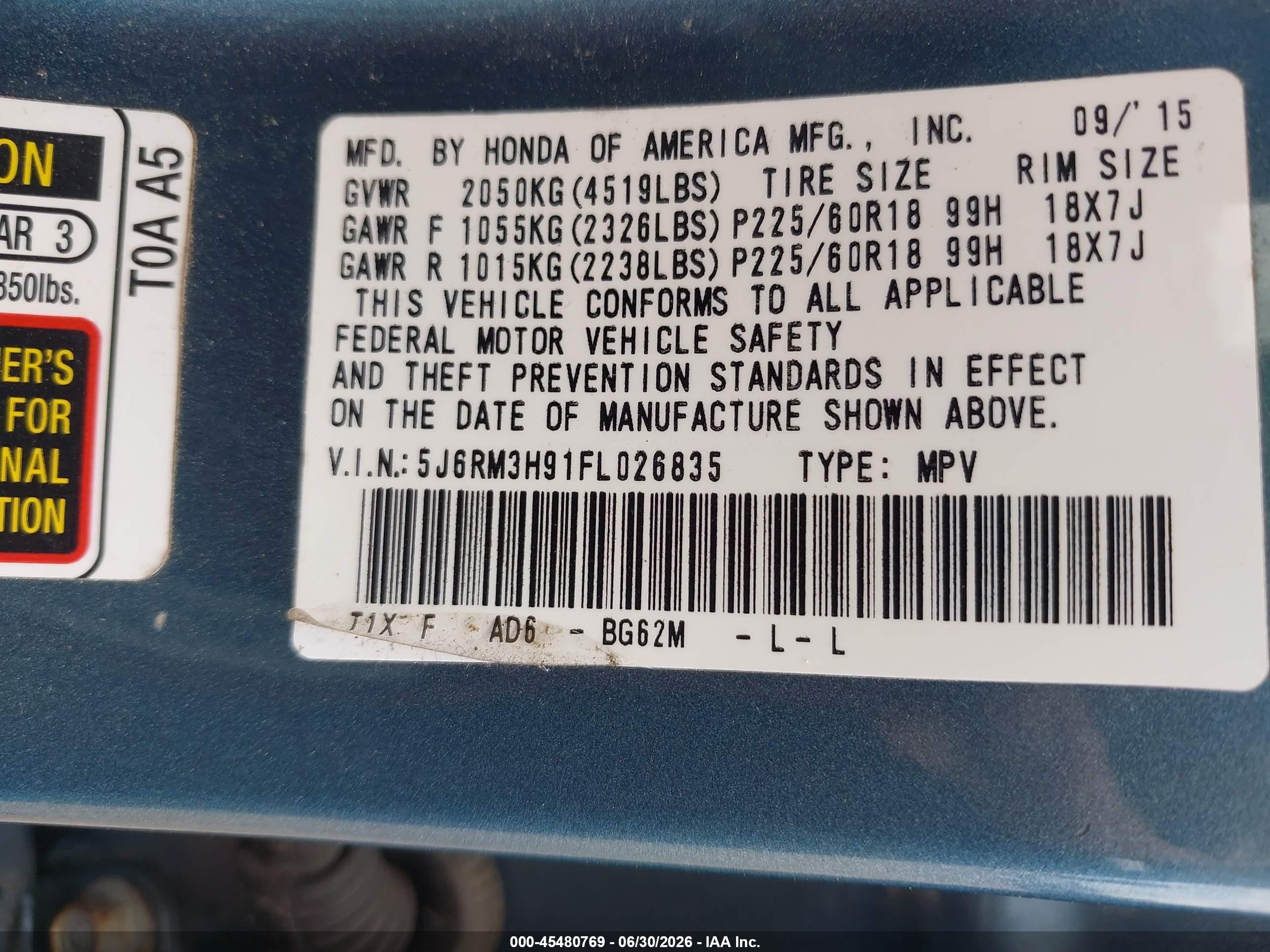 2015 Honda Cr-v Touring Blue vin: 5J6RM3H91FL026835