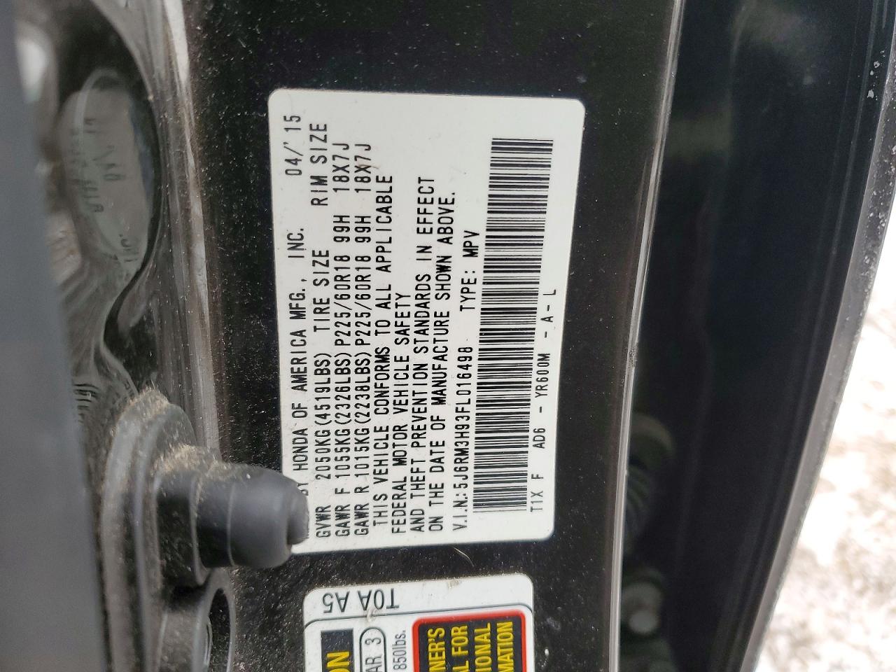 2015 Honda Cr-v Touring Black vin: 5J6RM3H93FL016498