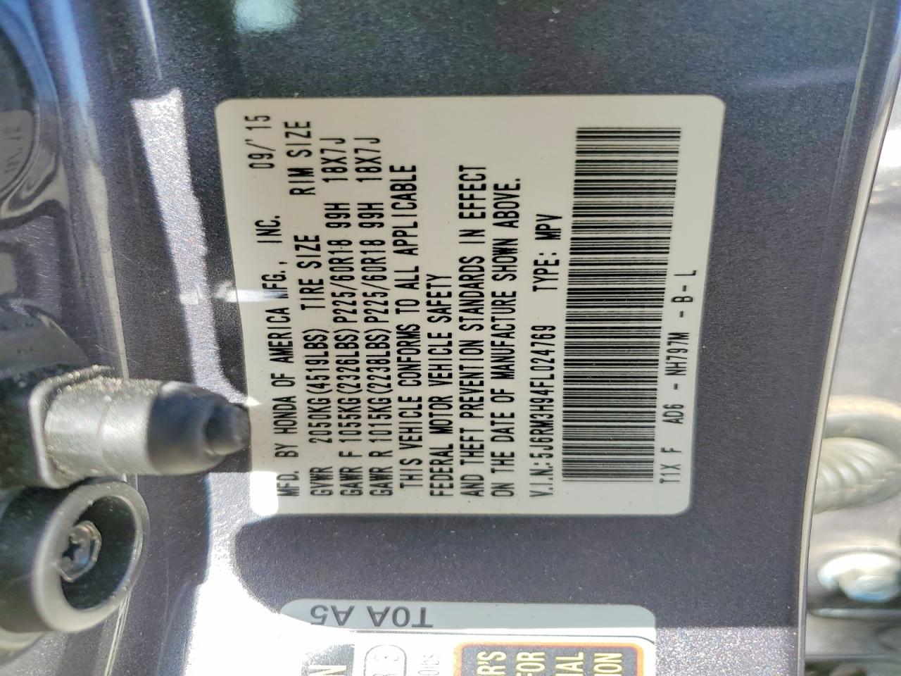 2015 Honda Cr-v Touring Gray vin: 5J6RM3H94FL024769