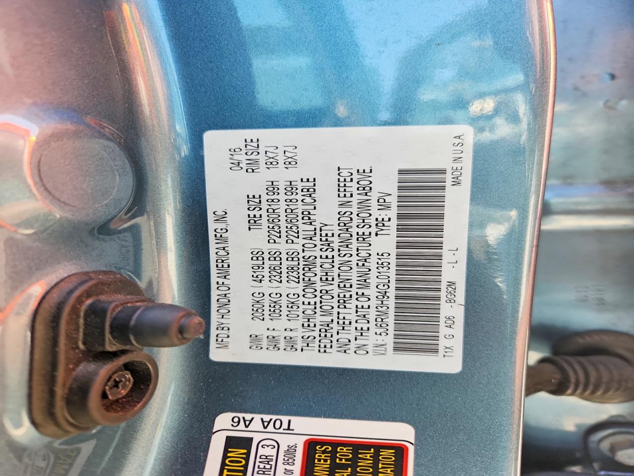 2016 Honda Cr-v Touring Blue vin: 5J6RM3H94GL013515