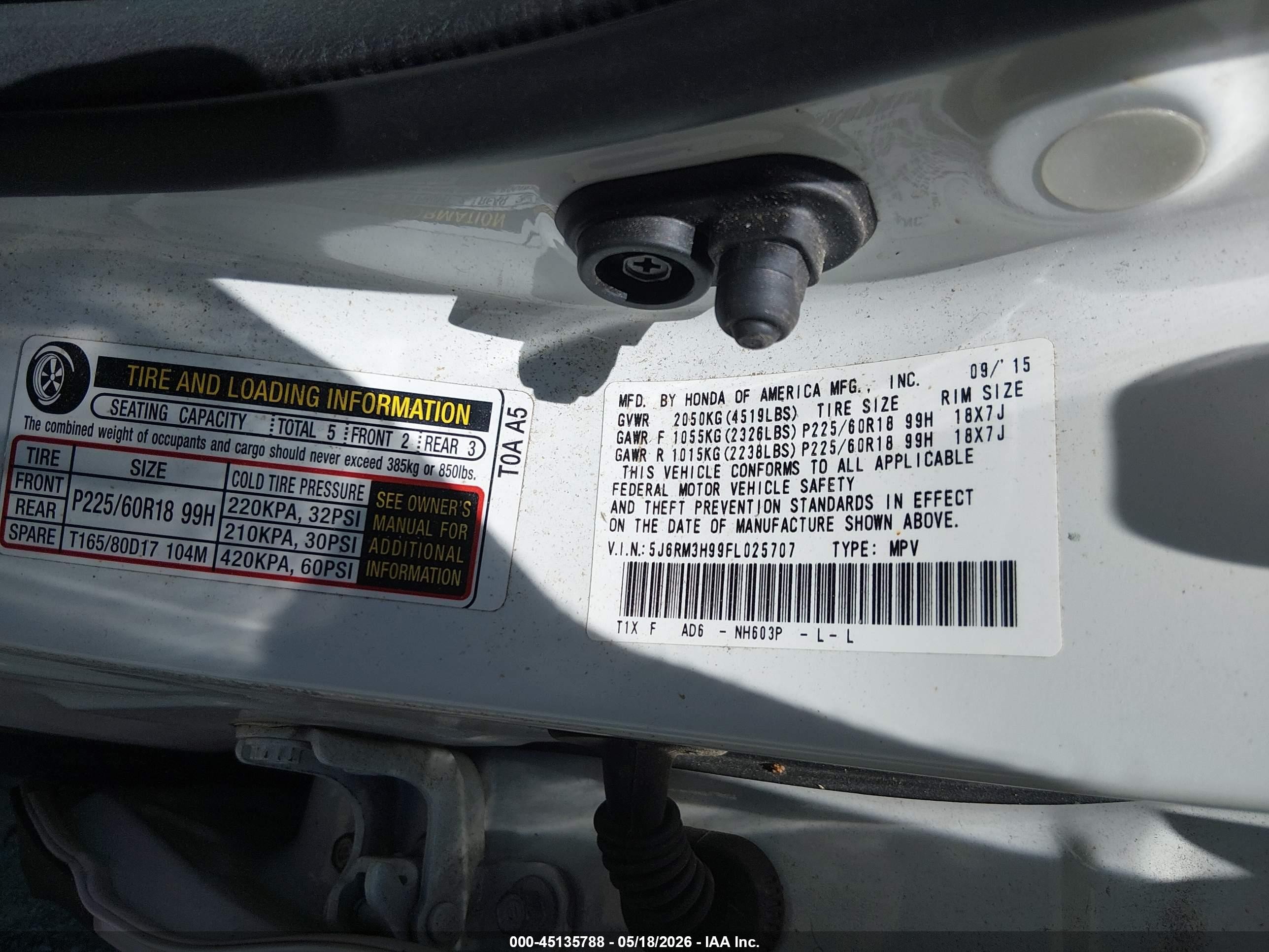 2015 Honda Cr-v Touring White vin: 5J6RM3H99FL025707
