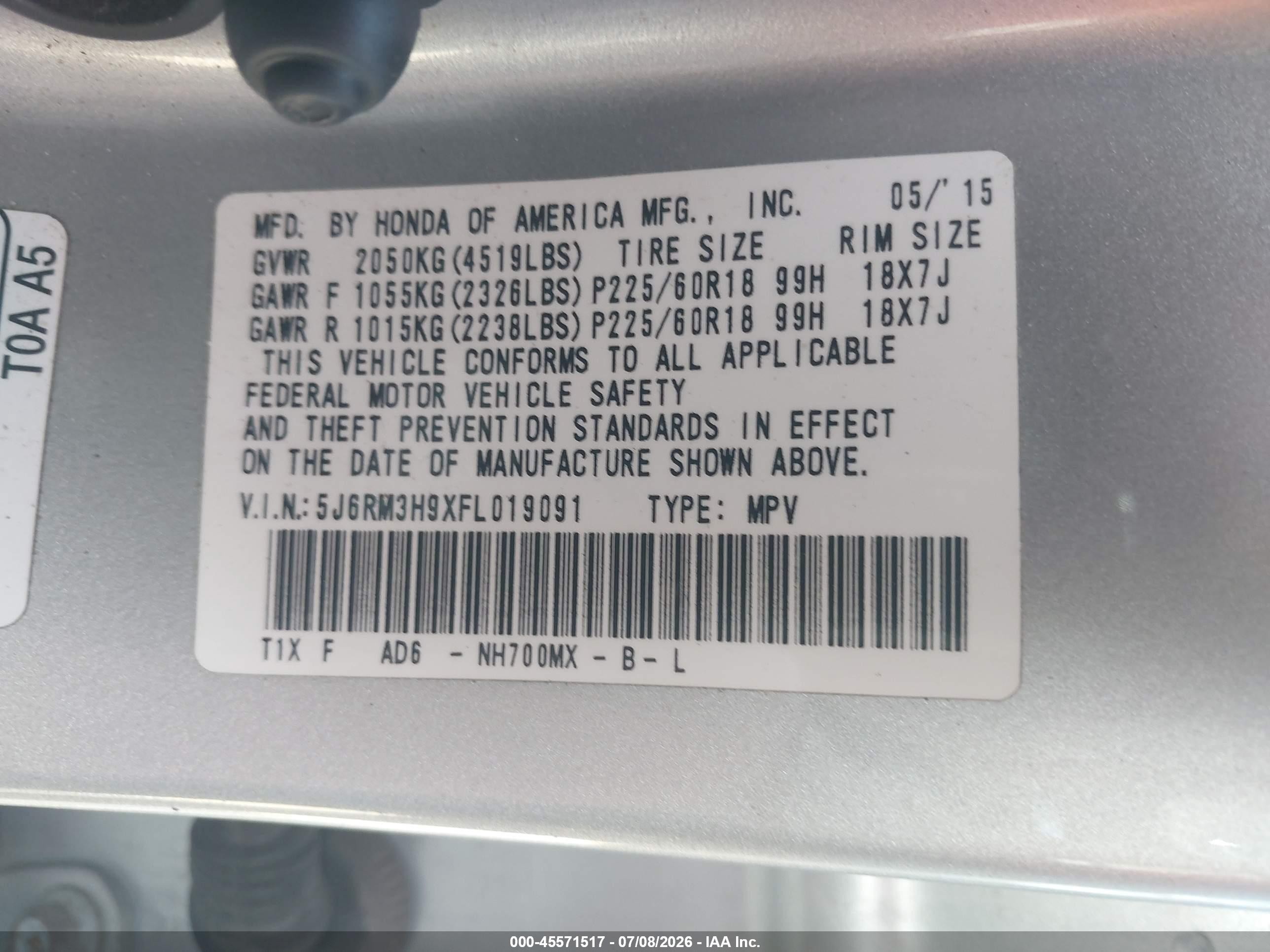 2015 Honda Cr-v Touring Gray vin: 5J6RM3H9XFL019091