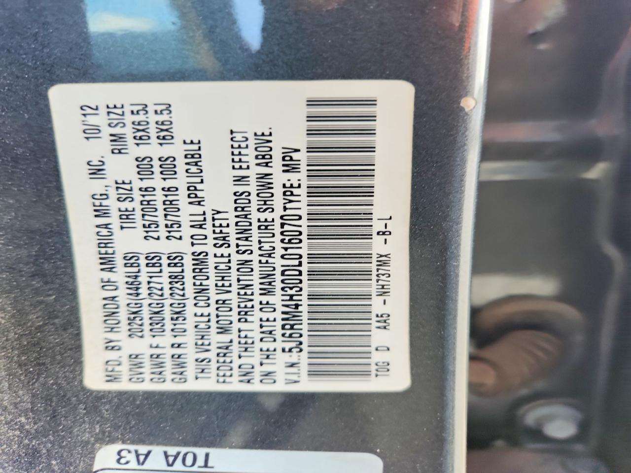 2013 Honda Cr-v Lx Charcoal vin: 5J6RM4H30DL016070