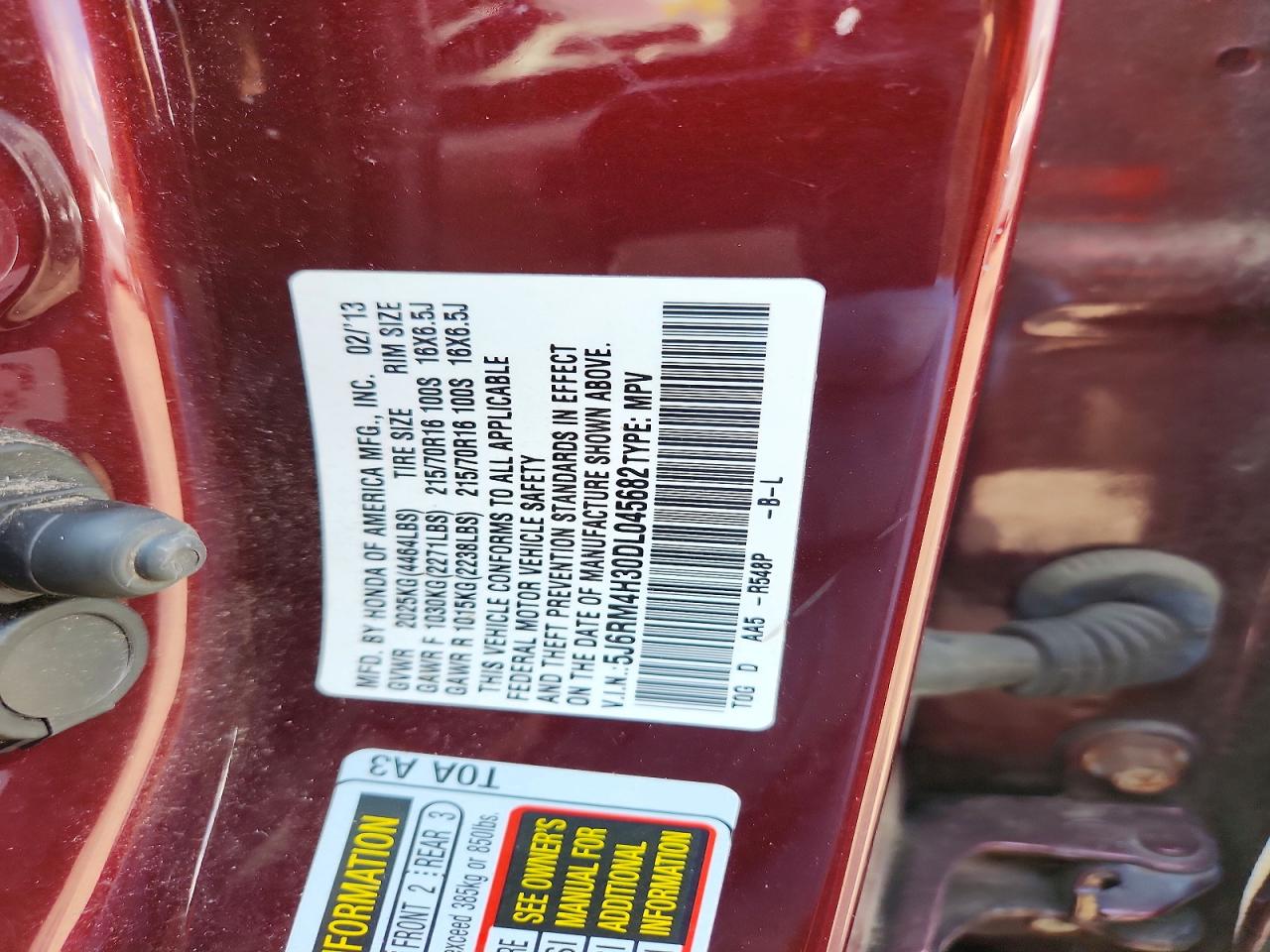 2013 Honda Cr-v Lx Burgundy vin: 5J6RM4H30DL045682