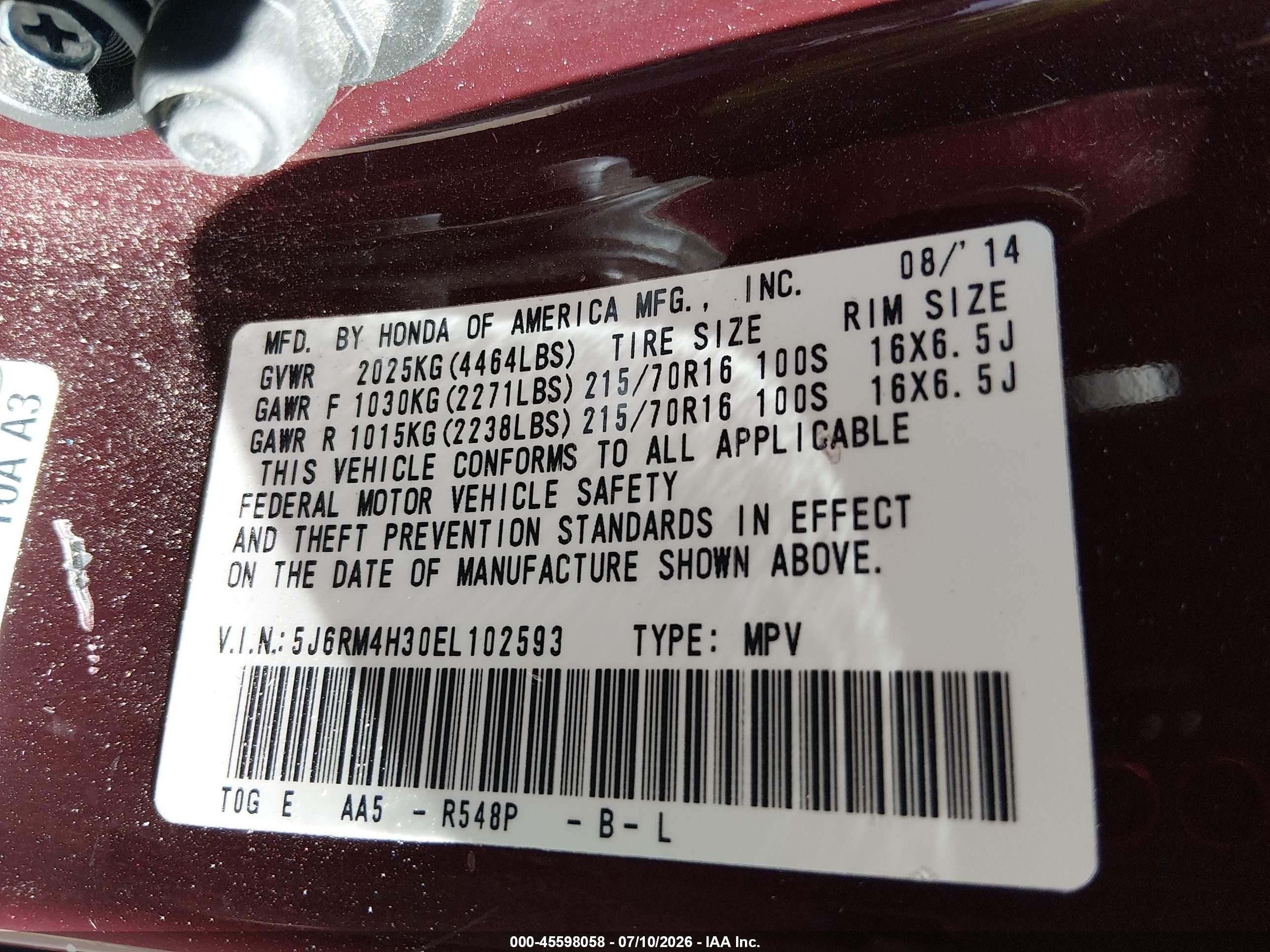 2014 Honda Cr-v Lx Maroon vin: 5J6RM4H30EL102593