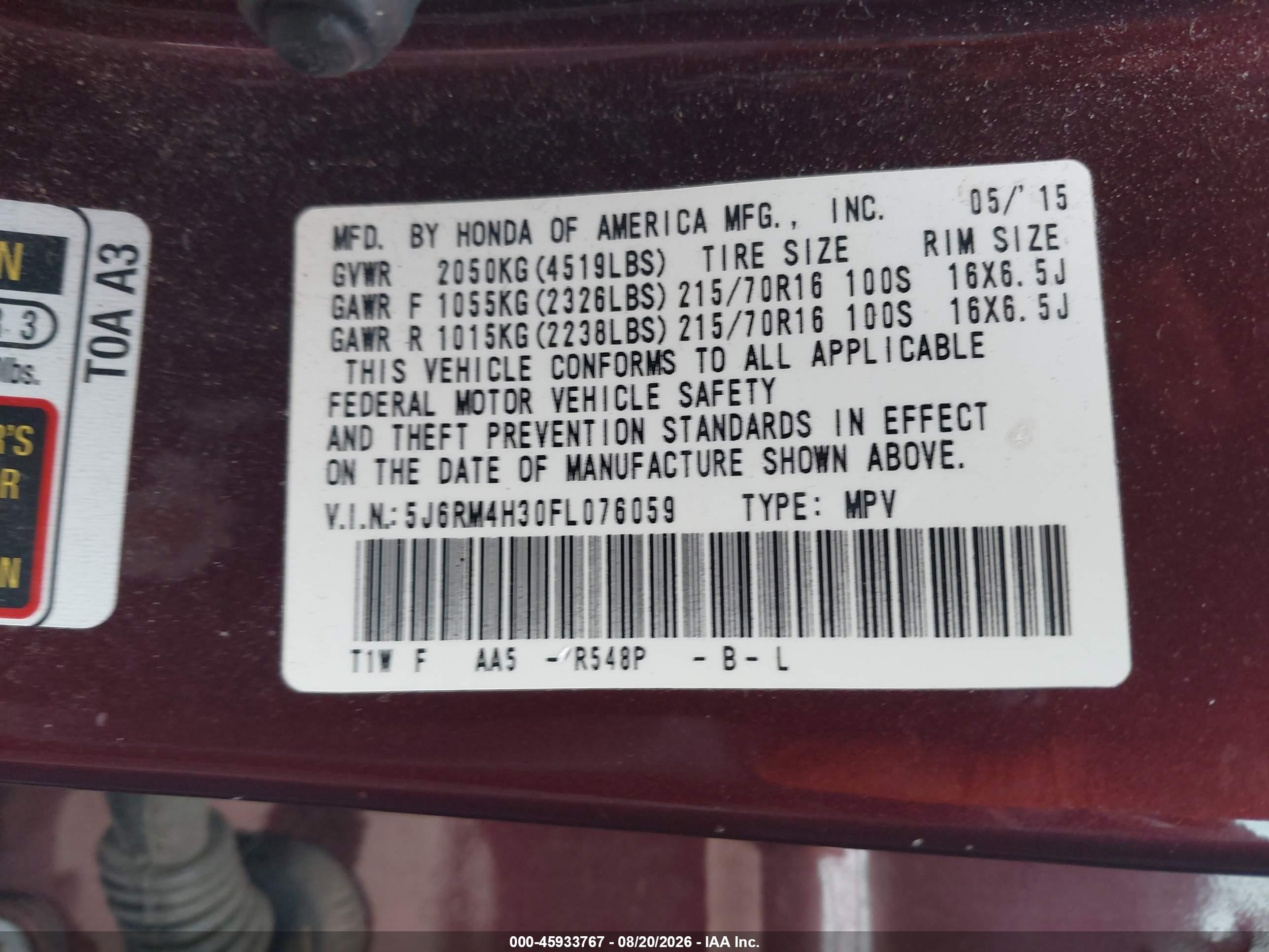 2015 Honda Cr-v Lx Maroon vin: 5J6RM4H30FL076059