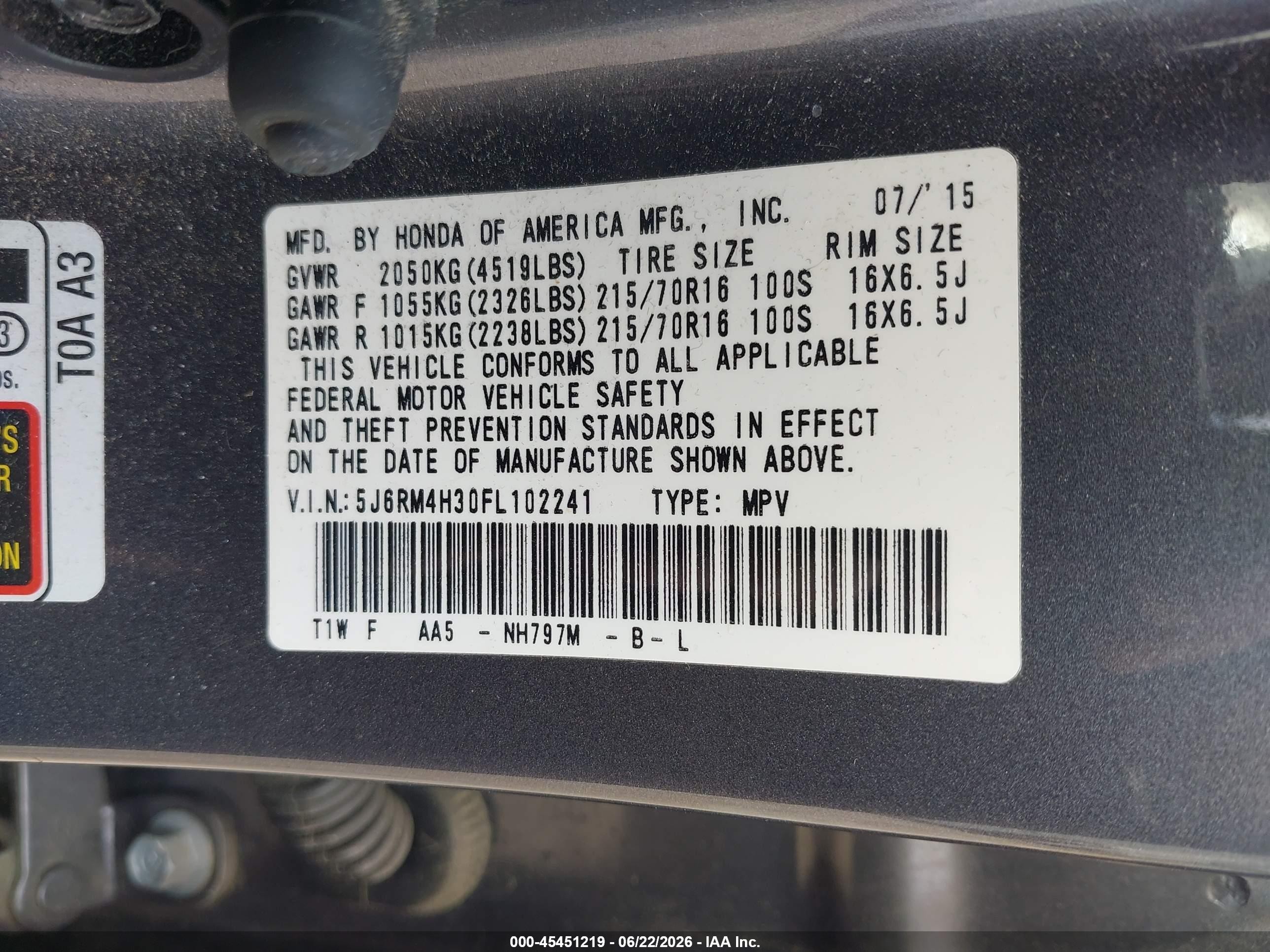 2015 Honda Cr-v Lx Gray vin: 5J6RM4H30FL102241