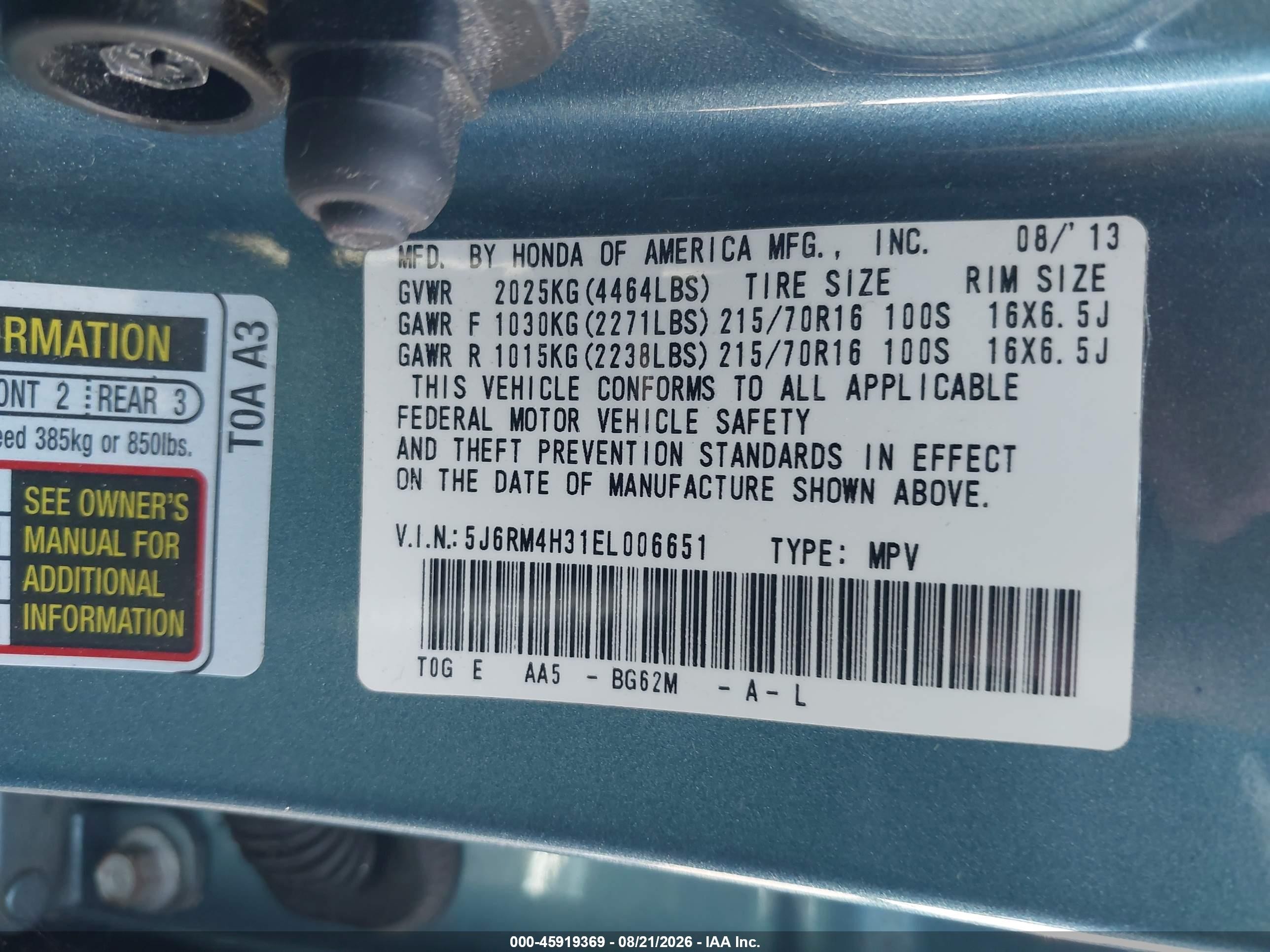 2014 Honda Cr-v Lx Blue vin: 5J6RM4H31EL006651