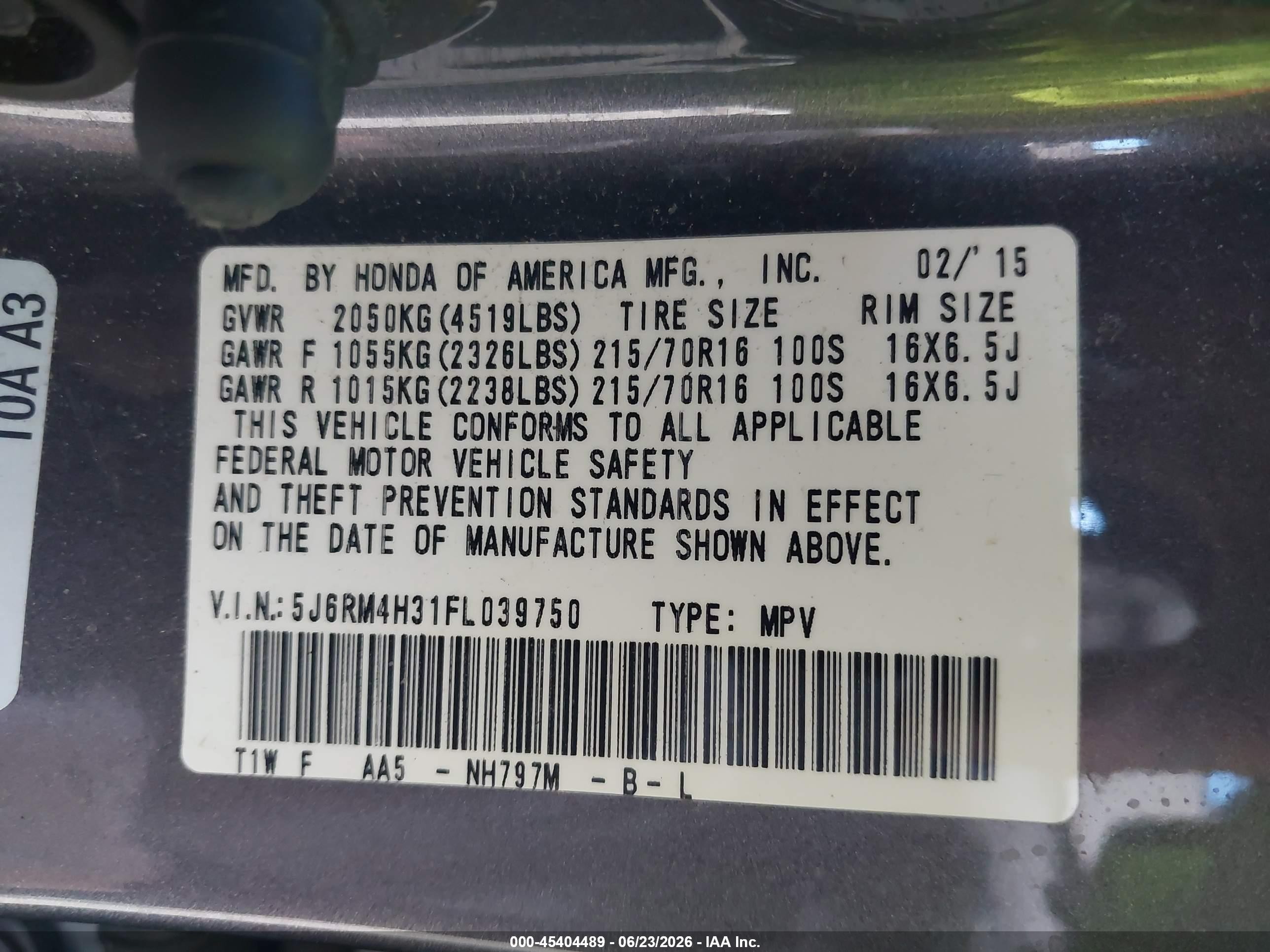 2015 Honda Cr-v Lx Gray vin: 5J6RM4H31FL039750