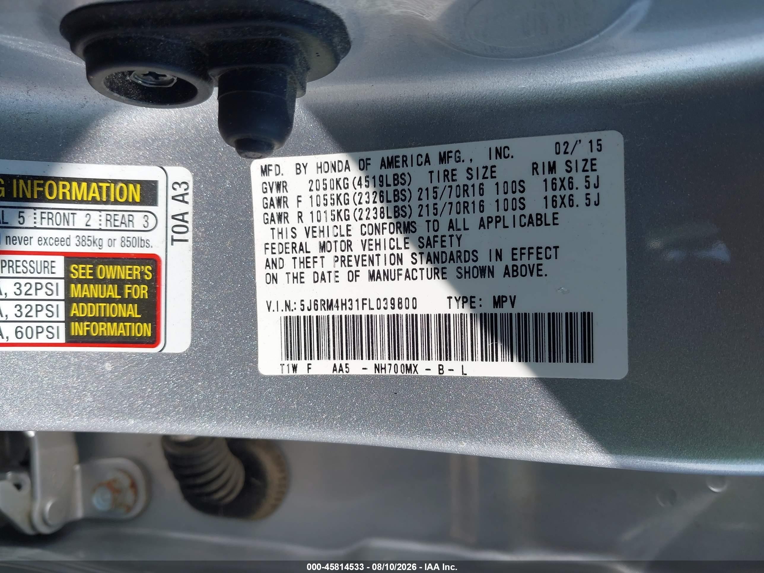 2015 Honda Cr-v Lx Silver vin: 5J6RM4H31FL039800