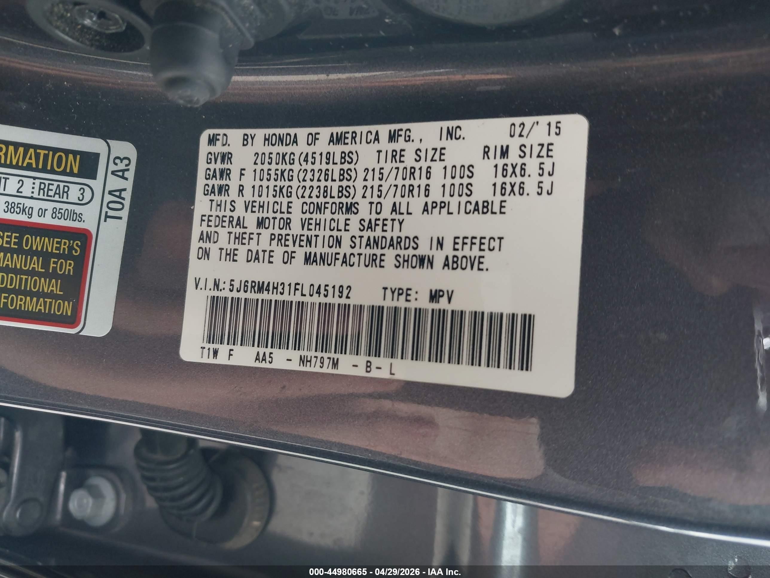 2015 Honda Cr-v Lx Gray vin: 5J6RM4H31FL045192