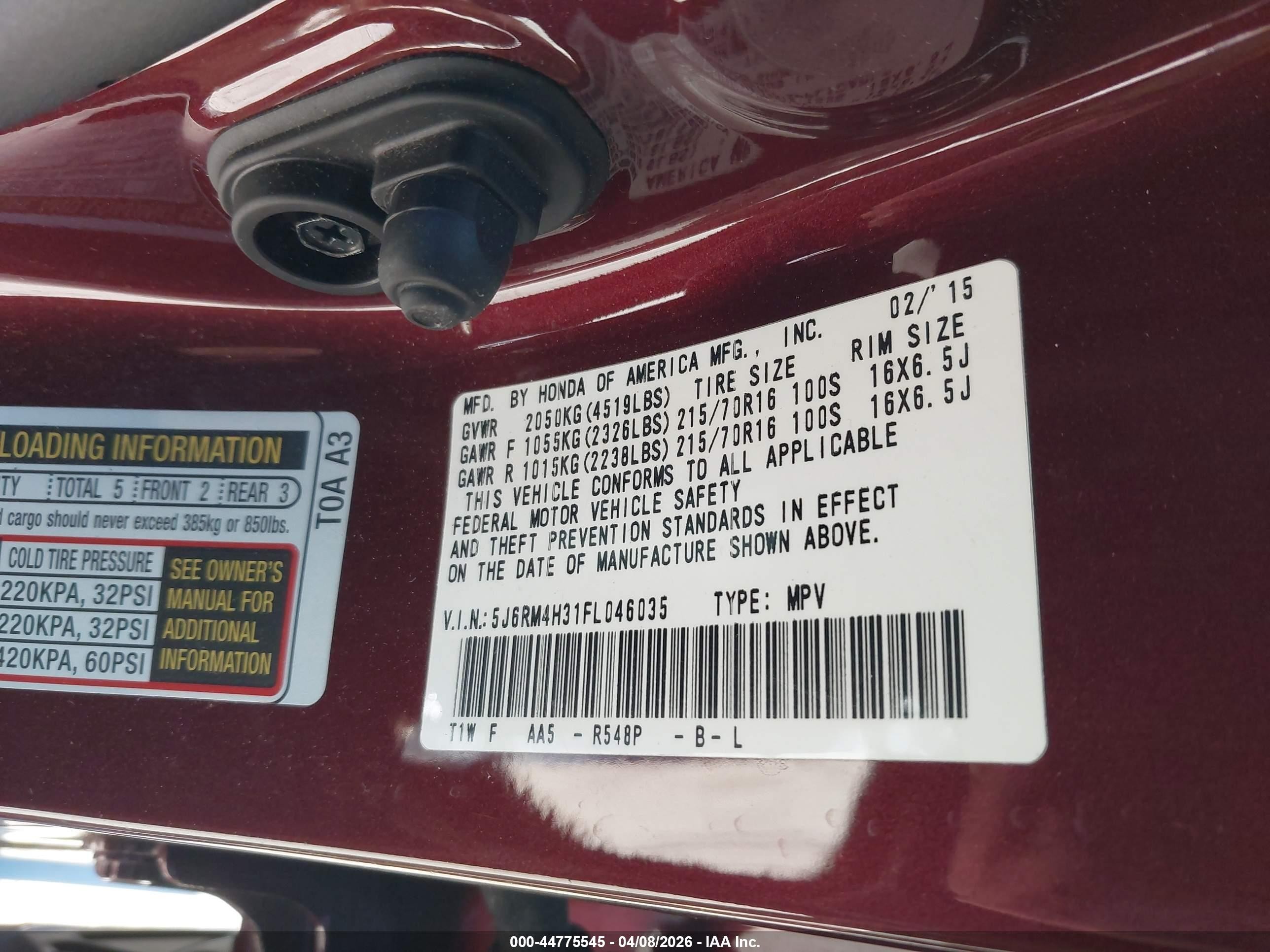 2015 Honda Cr-v Lx Красный vin: 5J6RM4H31FL046035