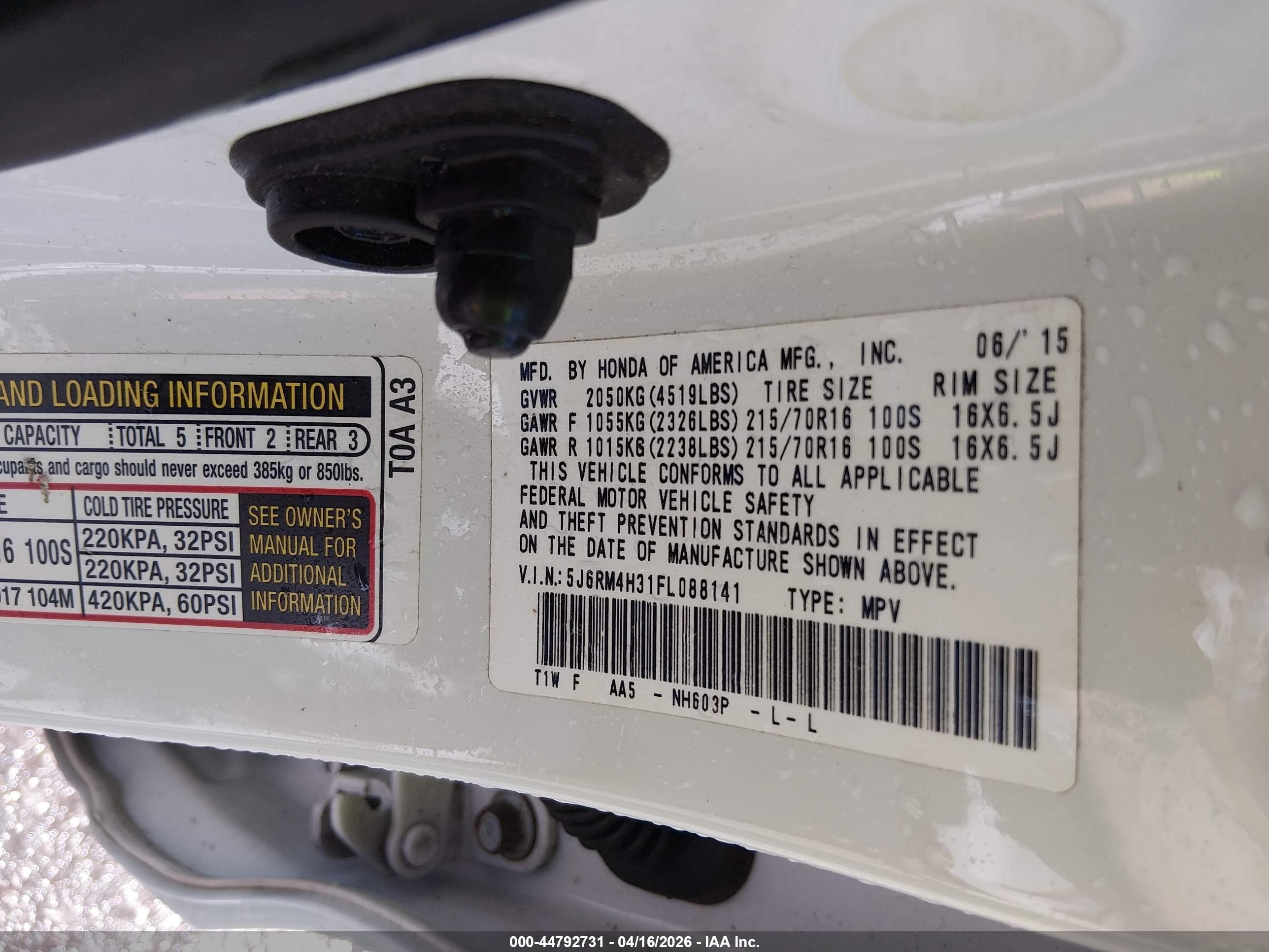 2015 Honda Cr-v Lx White vin: 5J6RM4H31FL088141
