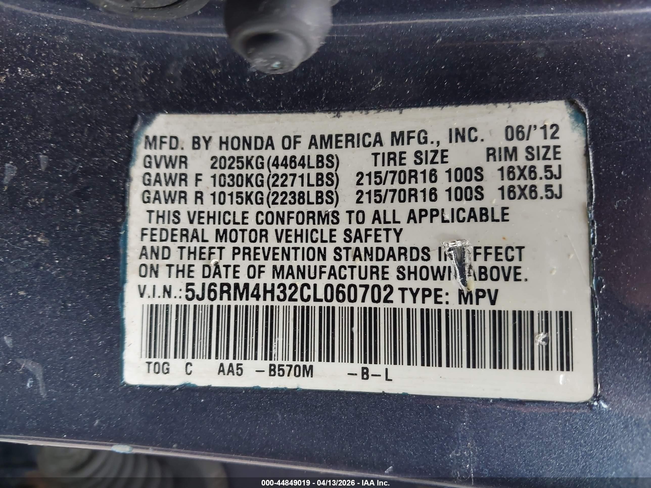 2012 Honda Cr-v Lx Blue vin: 5J6RM4H32CL060702