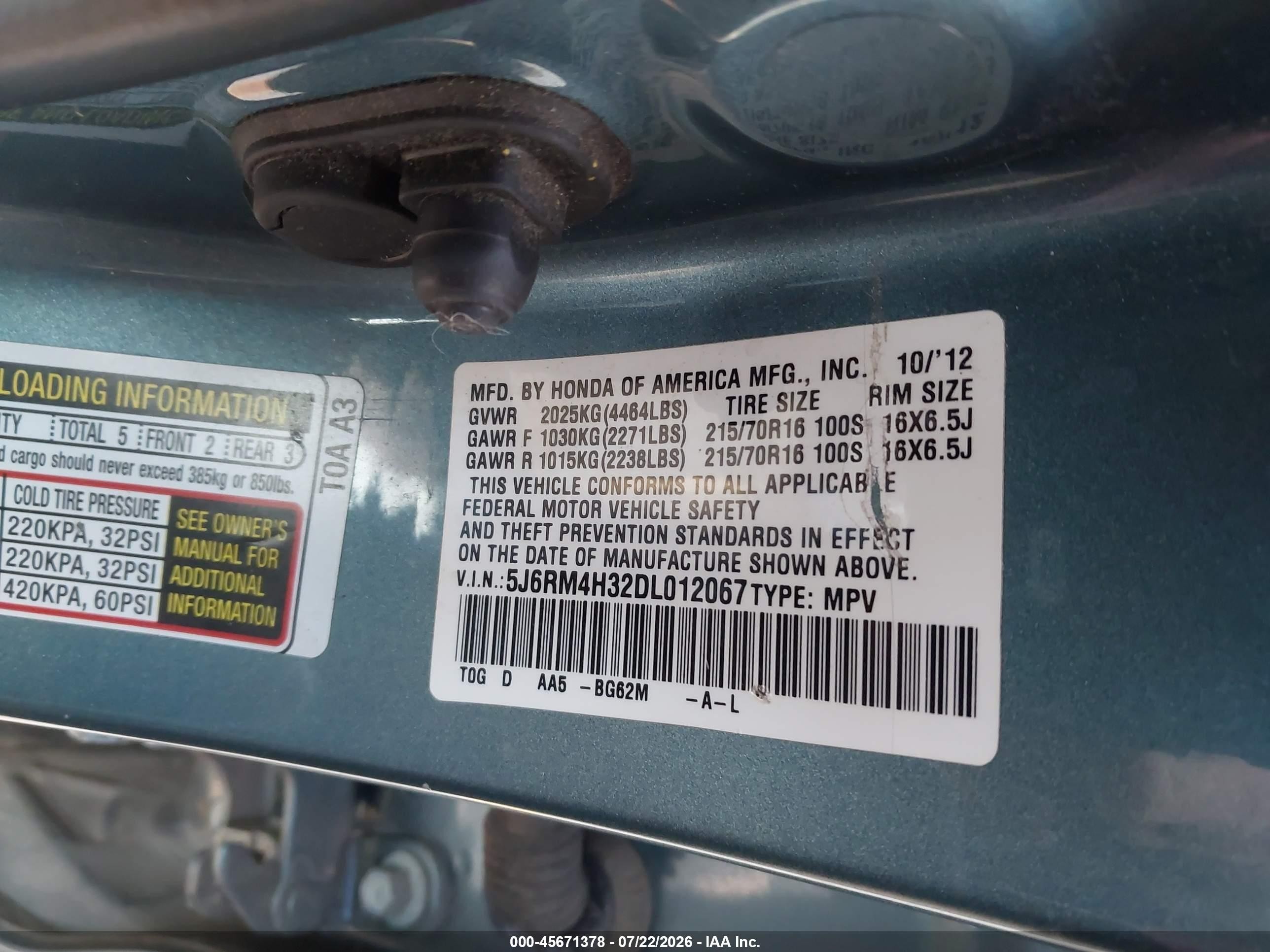 2013 Honda Cr-v Lx Light Blue vin: 5J6RM4H32DL012067
