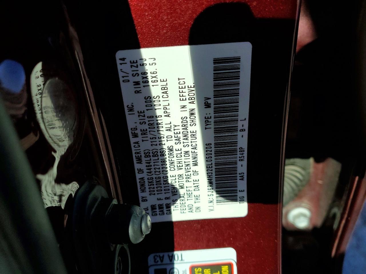 2014 Honda Cr-v Lx Burgundy vin: 5J6RM4H32EL050206