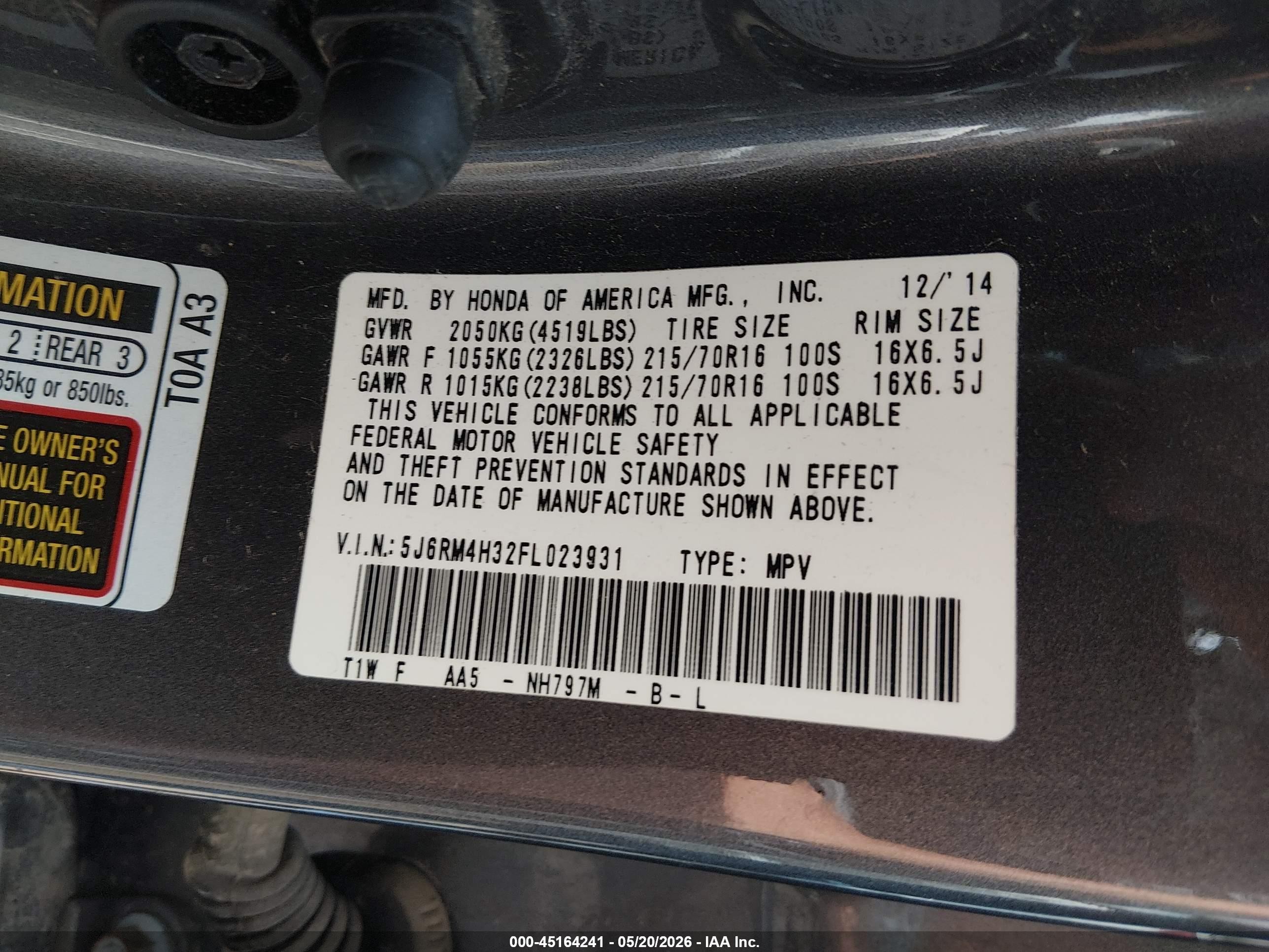 2015 Honda Cr-v Lx Gray vin: 5J6RM4H32FL023931