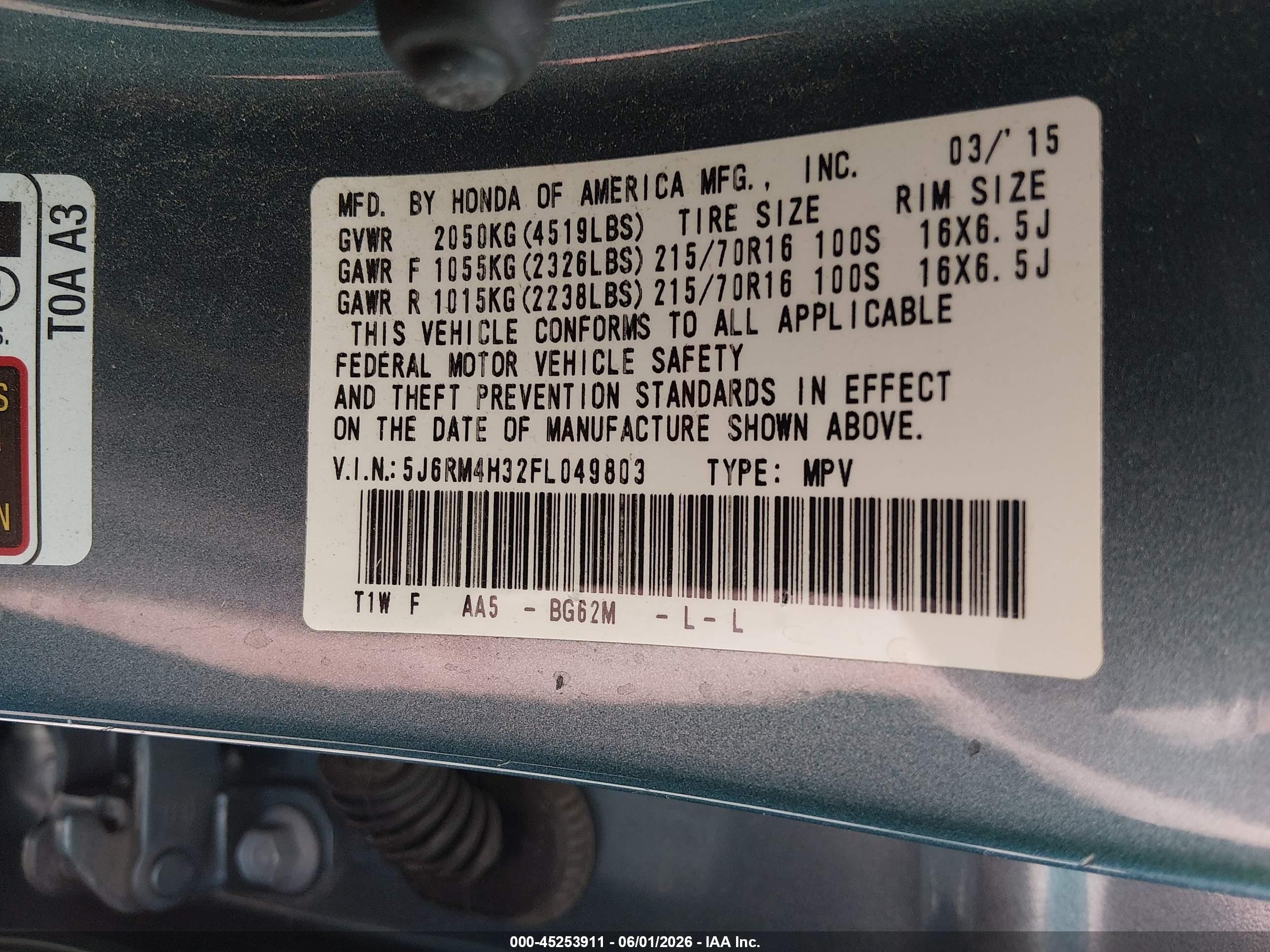 2015 Honda Cr-v Lx Blue vin: 5J6RM4H32FL049803