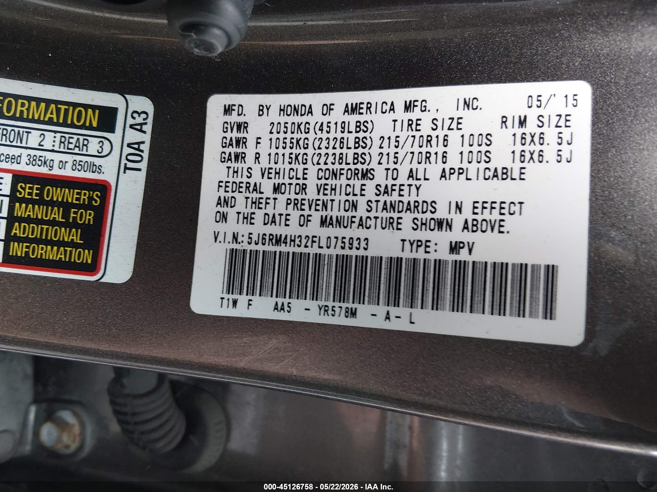 2015 Honda Cr-v Lx Gray vin: 5J6RM4H32FL075933