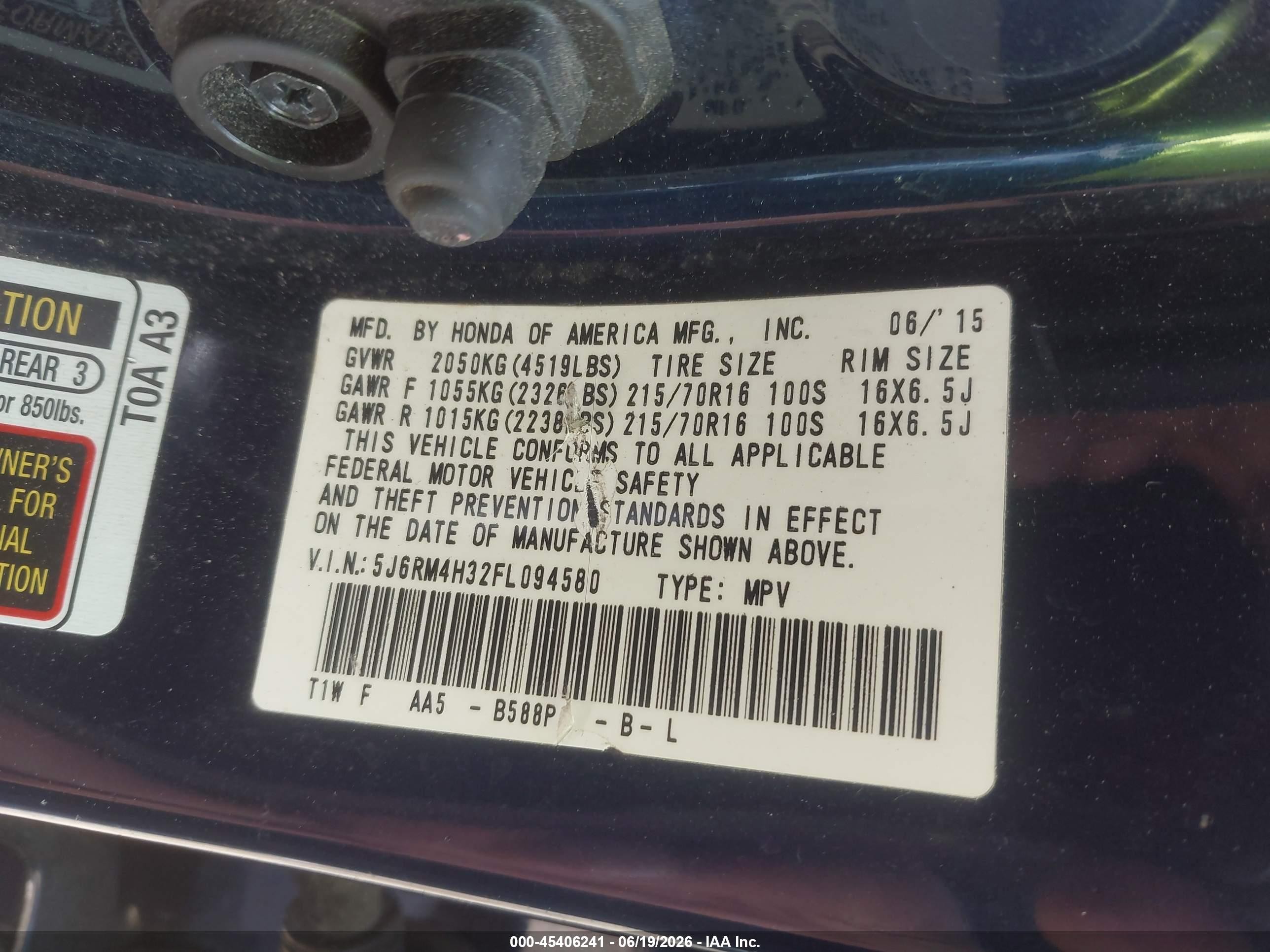 2015 Honda Cr-v Lx Blue vin: 5J6RM4H32FL094580