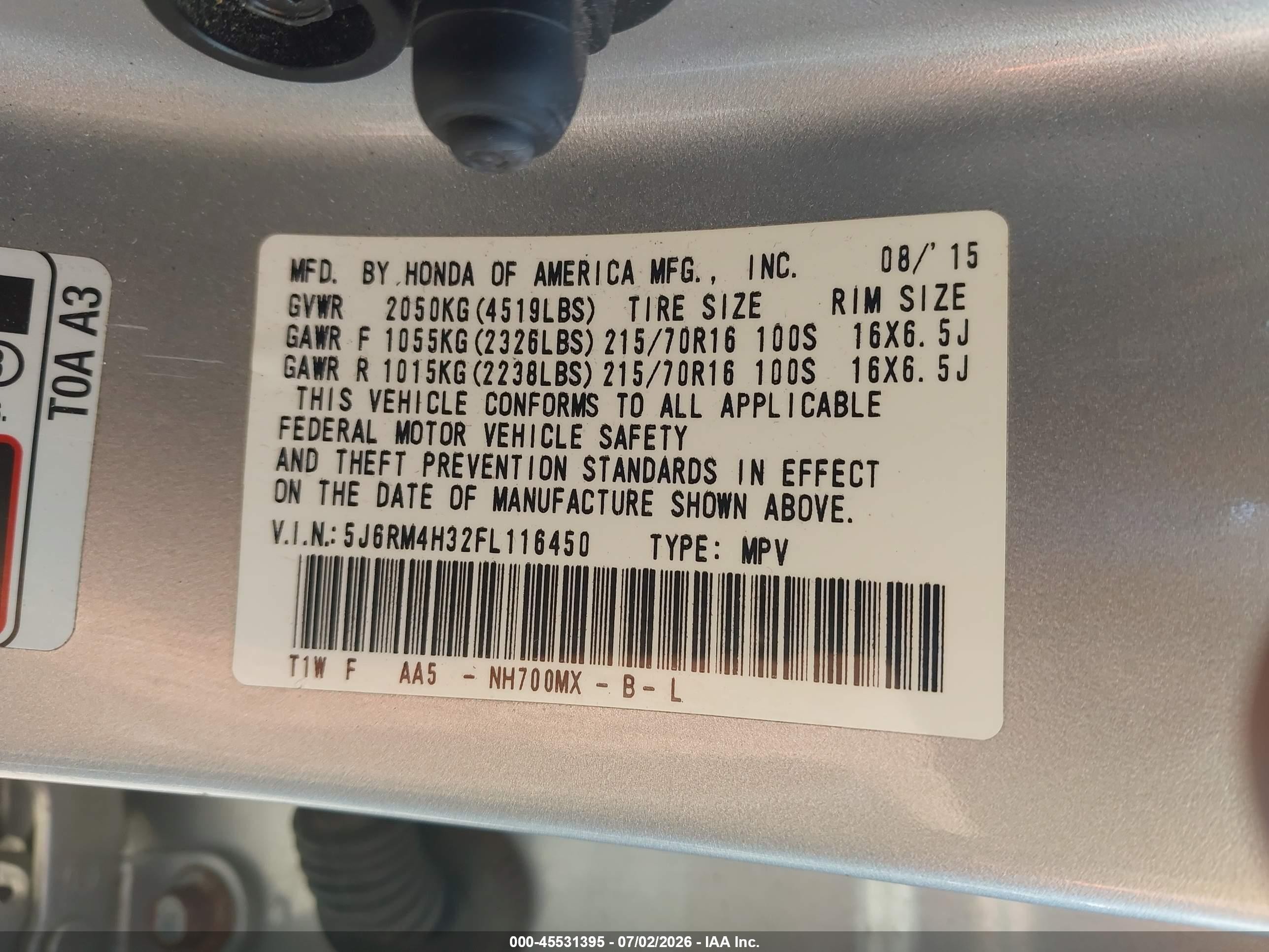 2015 Honda Cr-v Lx Серебряный vin: 5J6RM4H32FL116450
