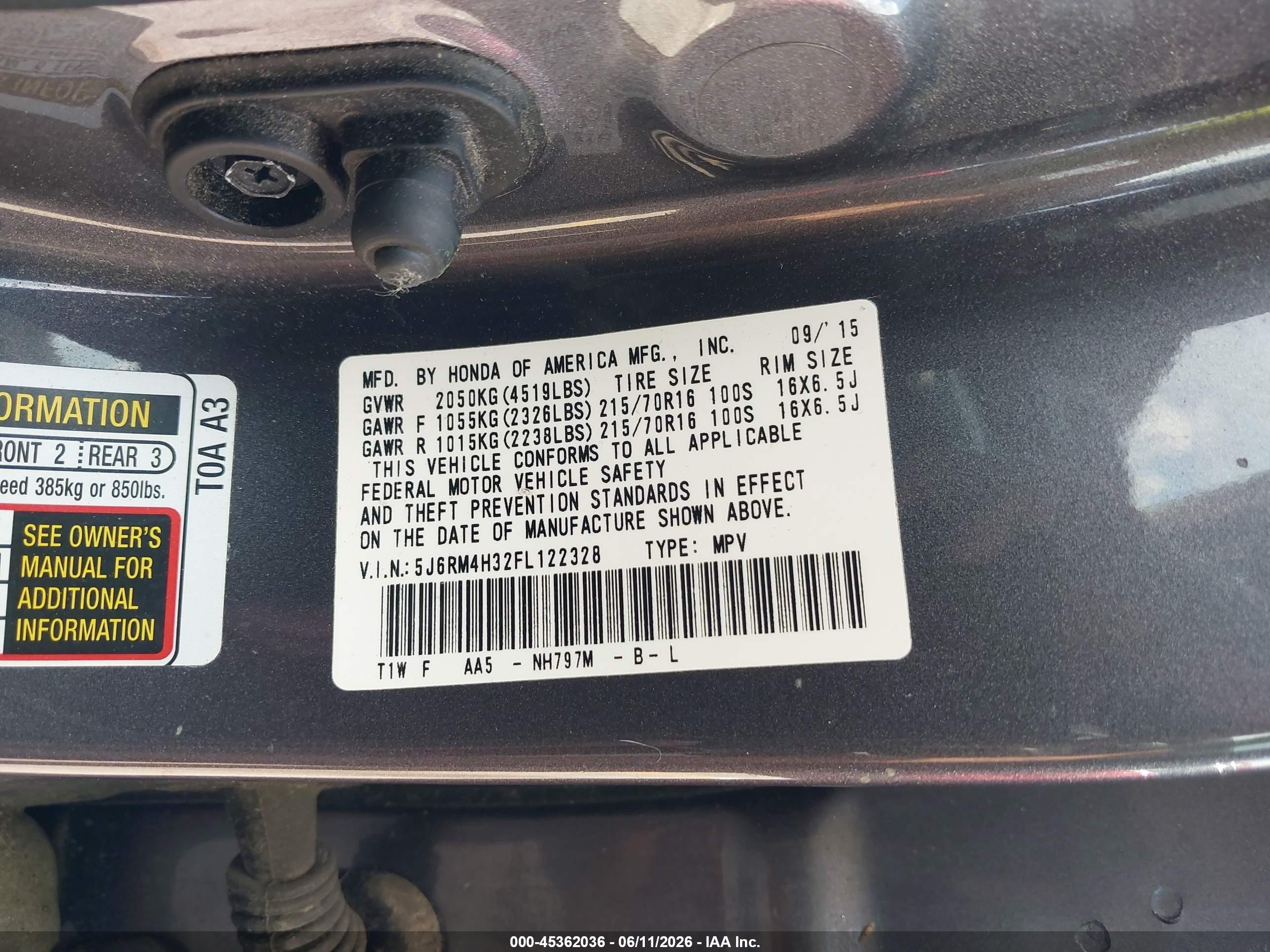 2015 Honda Cr-v Lx Gray vin: 5J6RM4H32FL122328