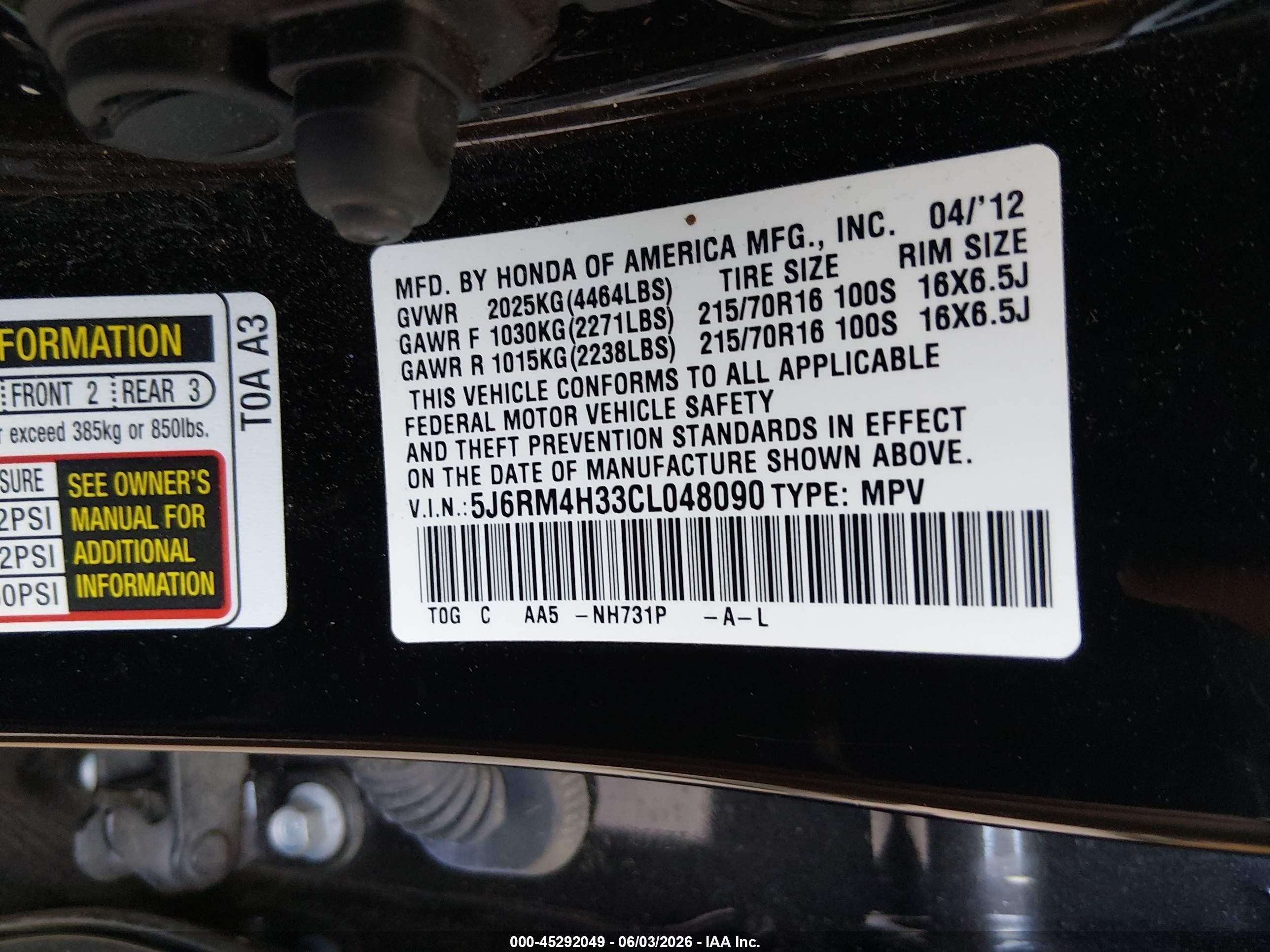 2012 Honda Cr-v Lx Black vin: 5J6RM4H33CL048090