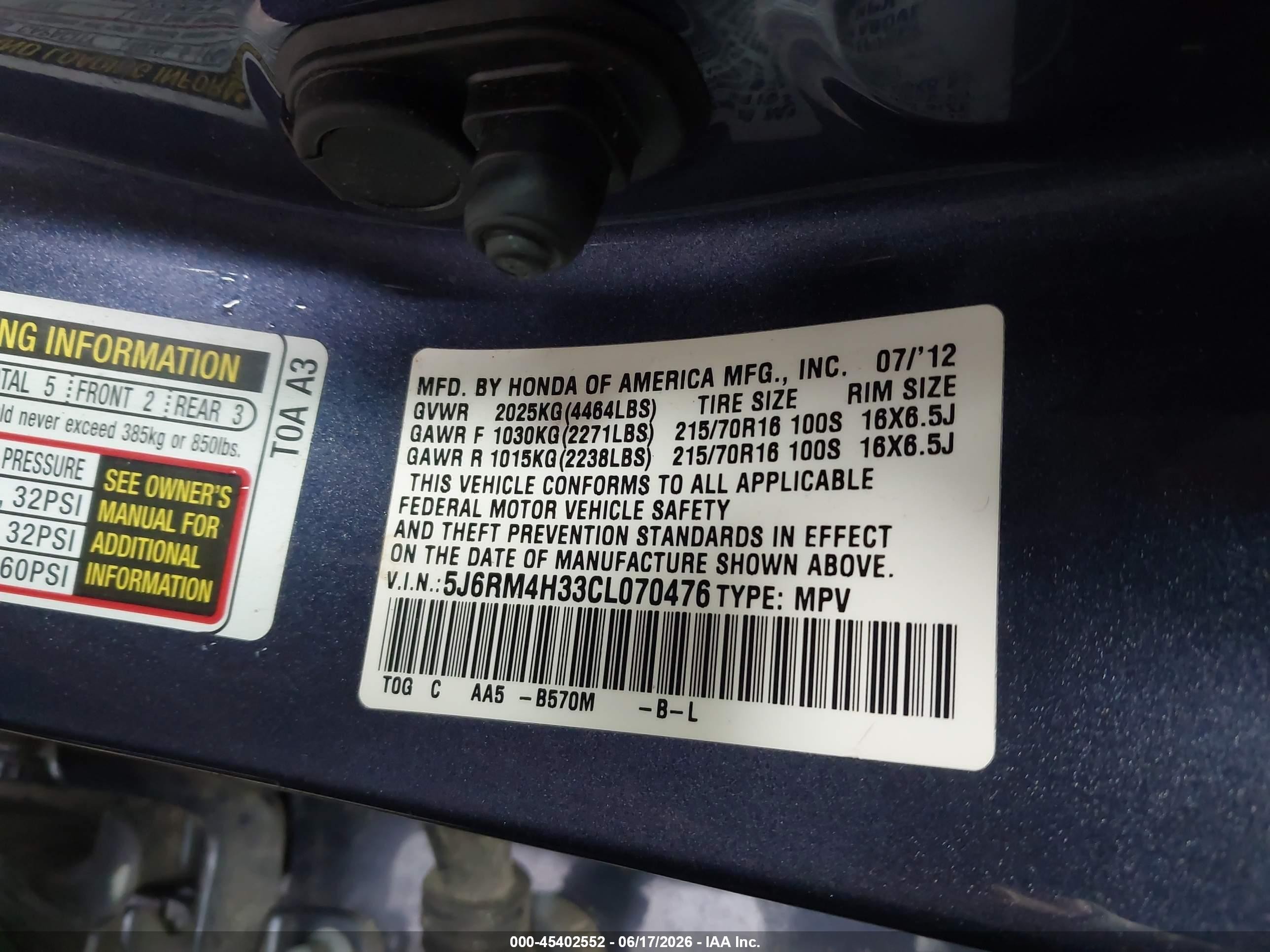 2012 Honda Cr-v Lx Blue vin: 5J6RM4H33CL070476