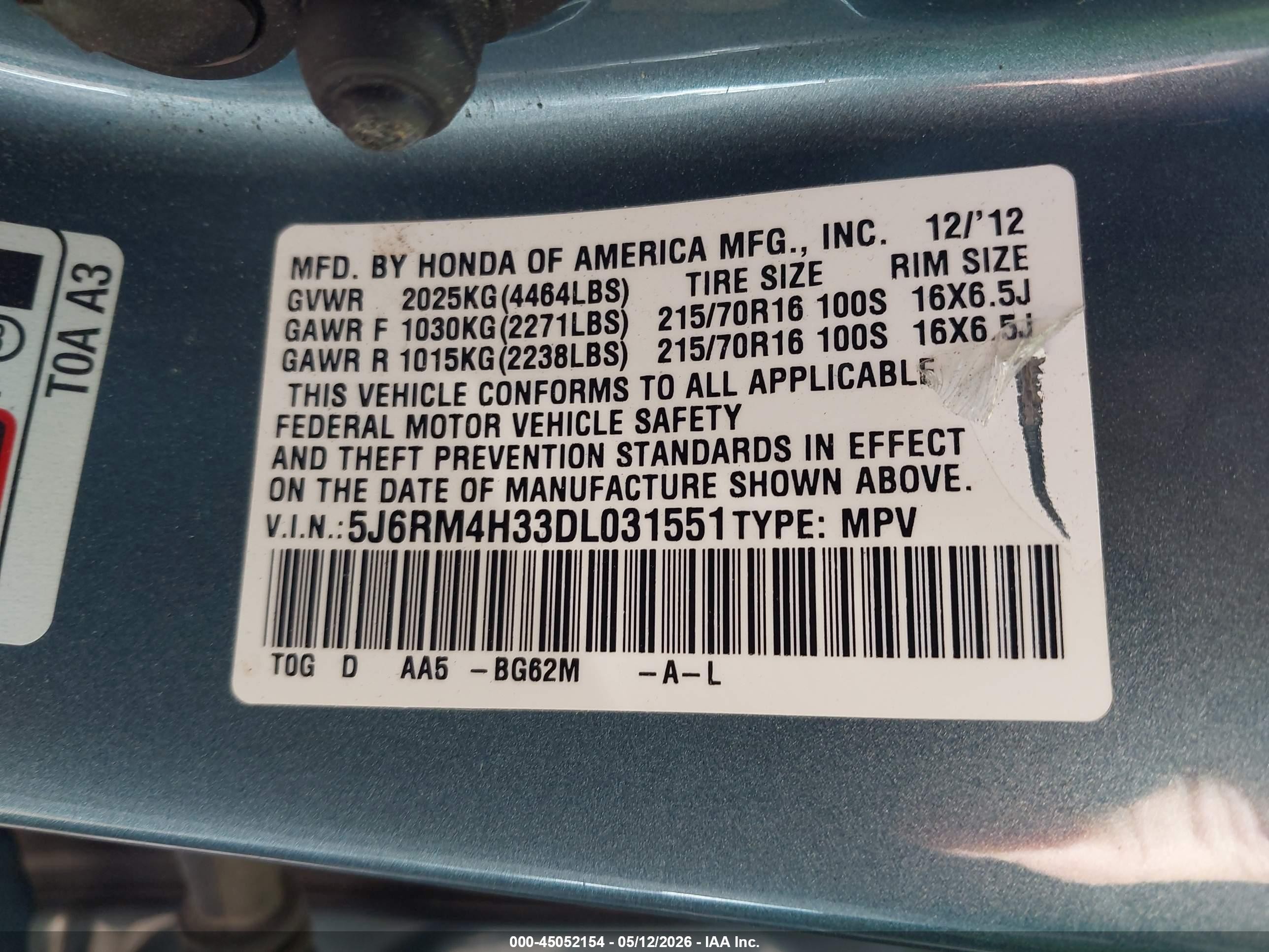 2013 Honda Cr-v Lx Light Blue vin: 5J6RM4H33DL031551