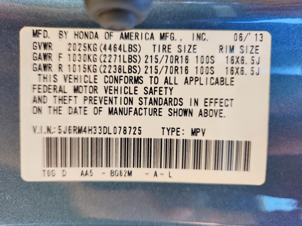 2013 Honda Cr-v Lx Turquoise vin: 5J6RM4H33DL078725