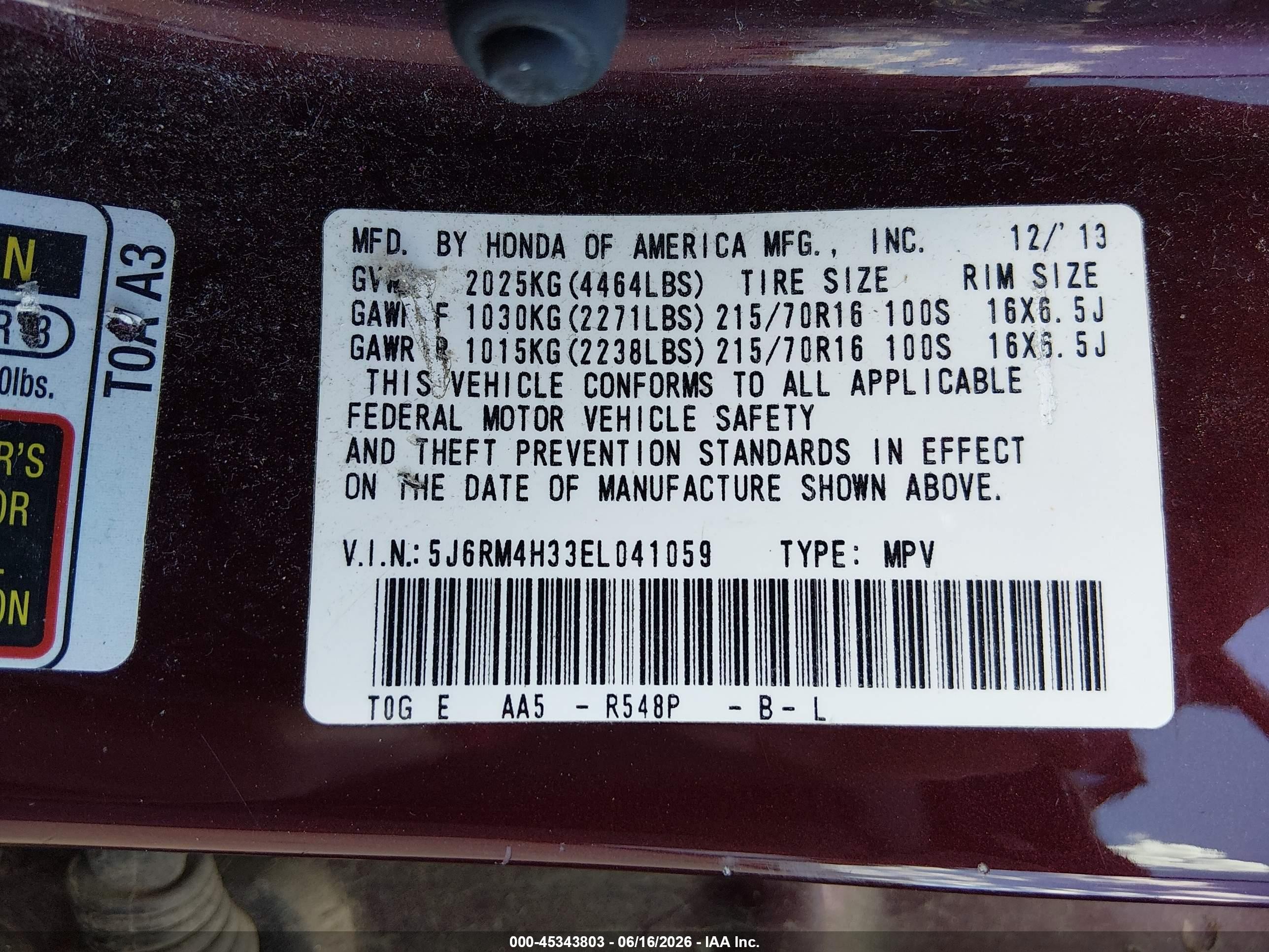 2014 Honda Cr-v Lx Burgundy vin: 5J6RM4H33EL041059