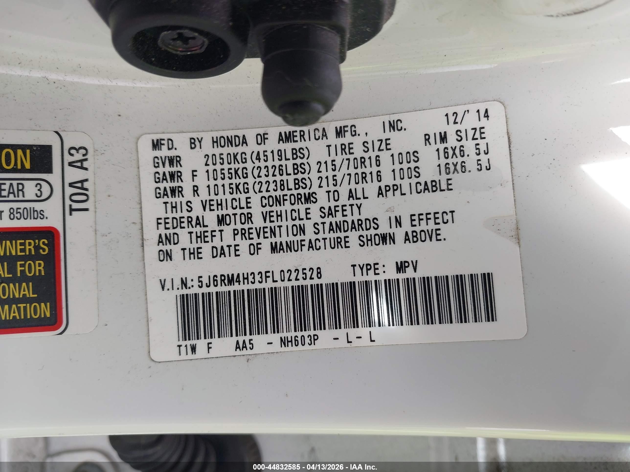 2015 Honda Cr-v Lx White vin: 5J6RM4H33FL022528