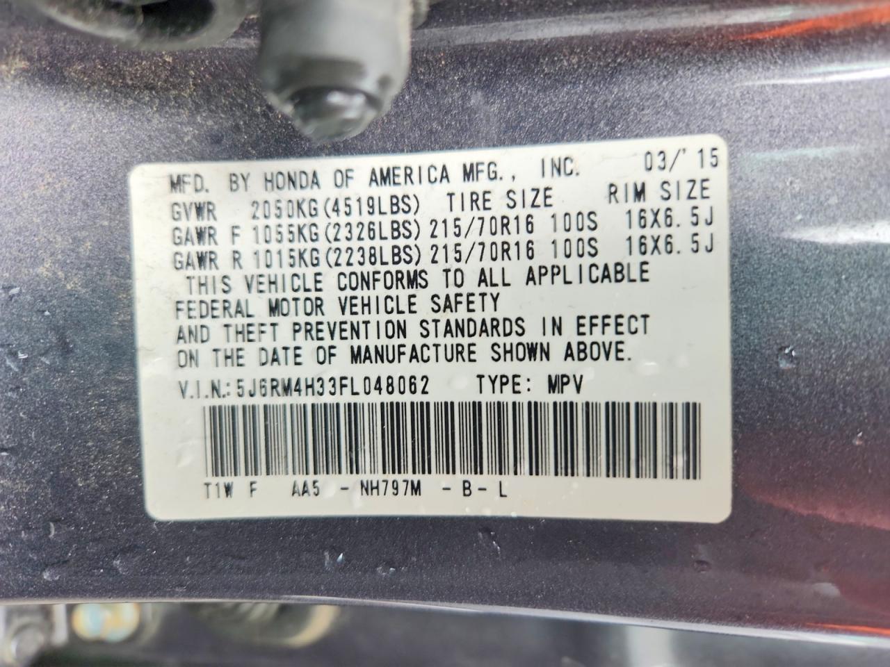 2015 Honda Cr-v Lx Gray vin: 5J6RM4H33FL048062