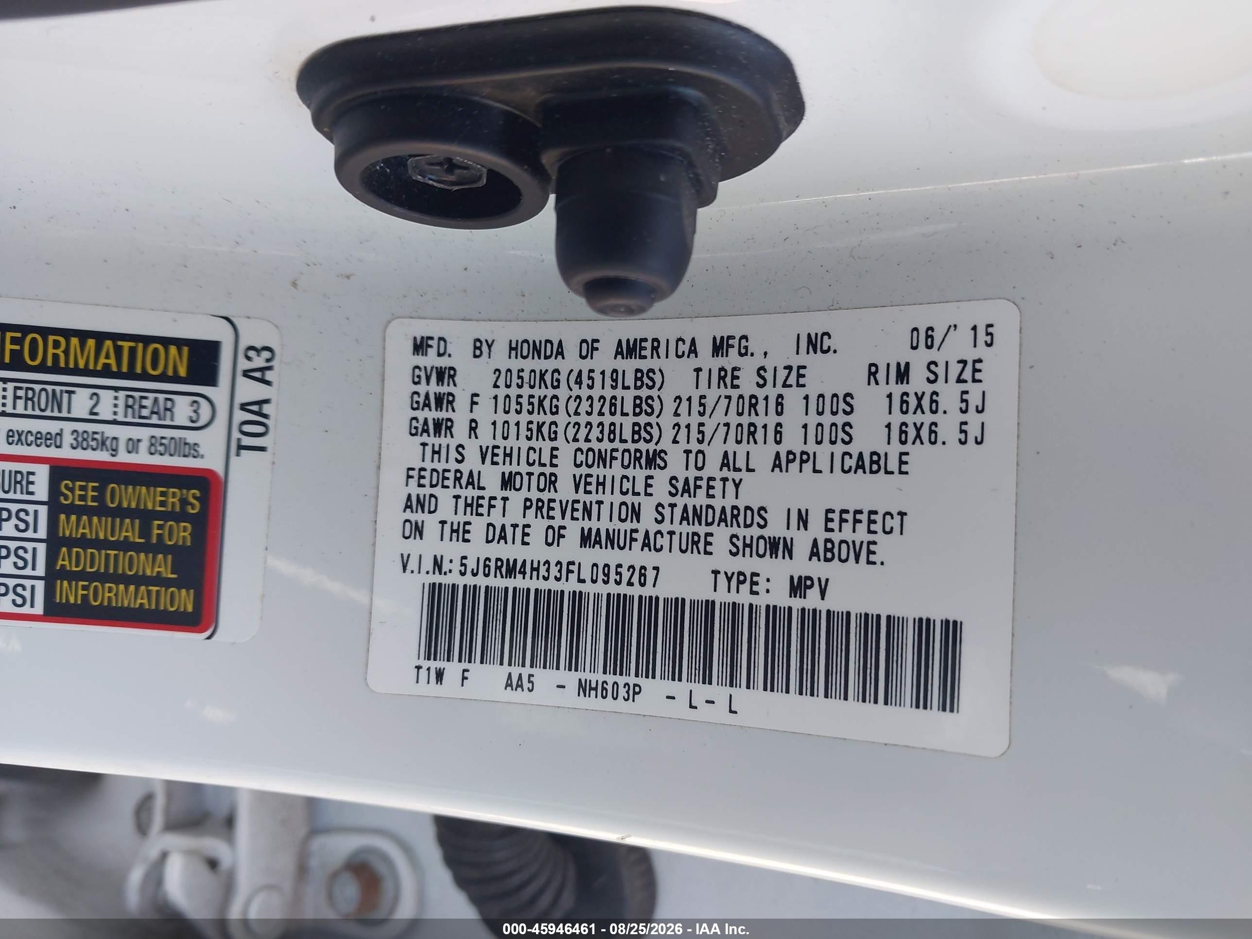 2015 Honda Cr-v Lx White vin: 5J6RM4H33FL095267