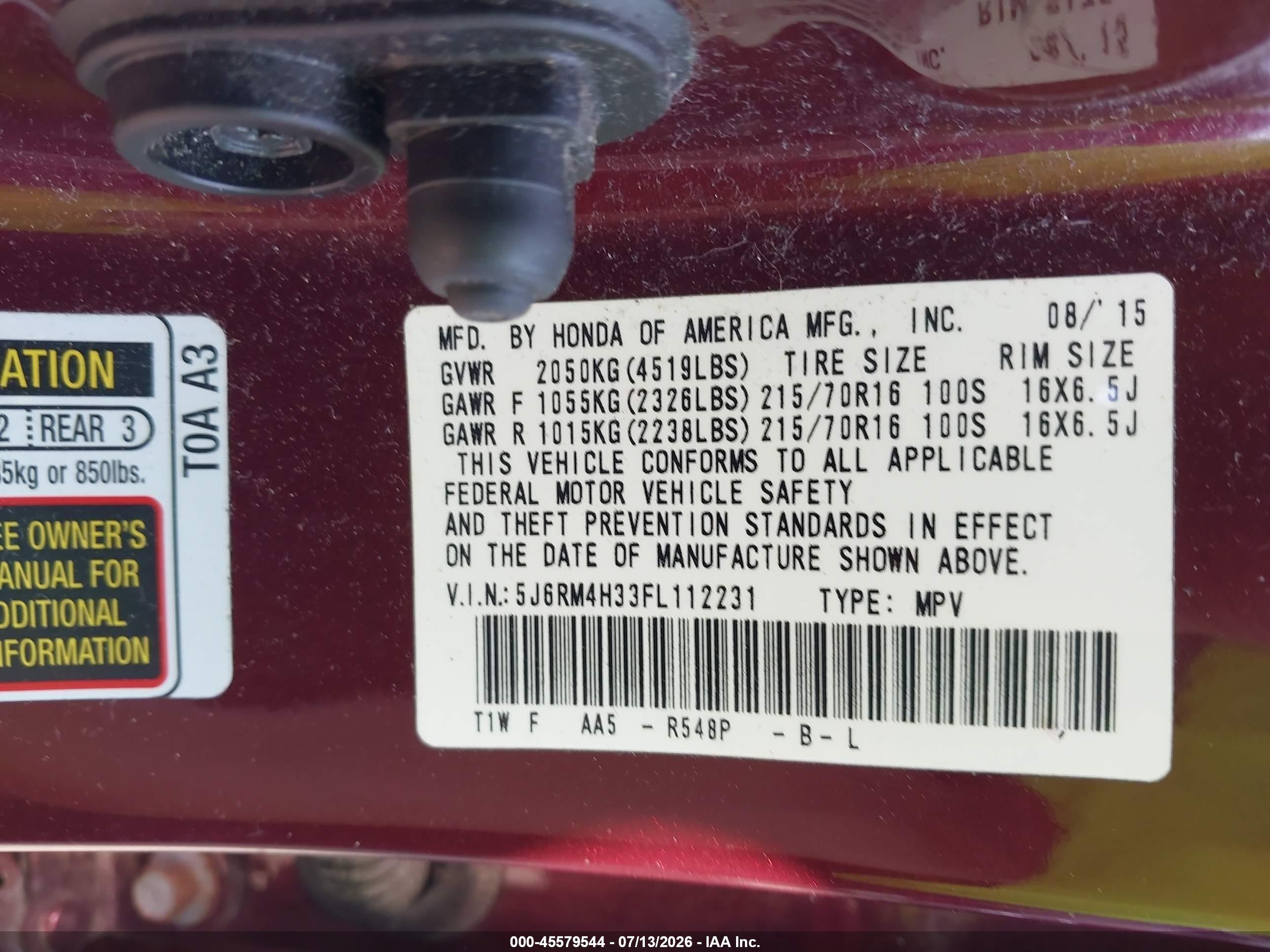 2015 Honda Cr-v Lx Maroon vin: 5J6RM4H33FL112231